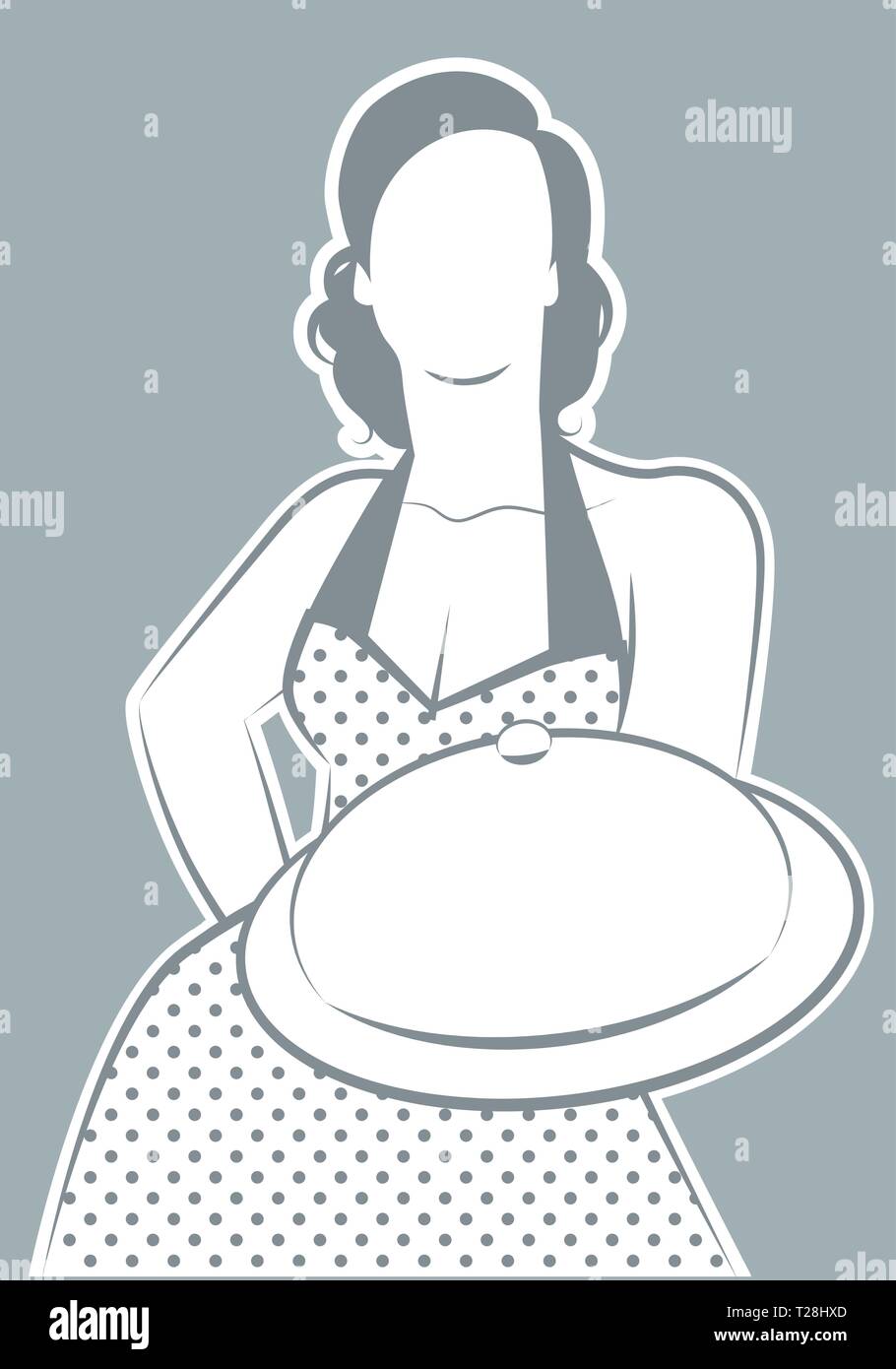 Retro housewife cook wearing polka dot dress showing a plate or tray Stock Vector