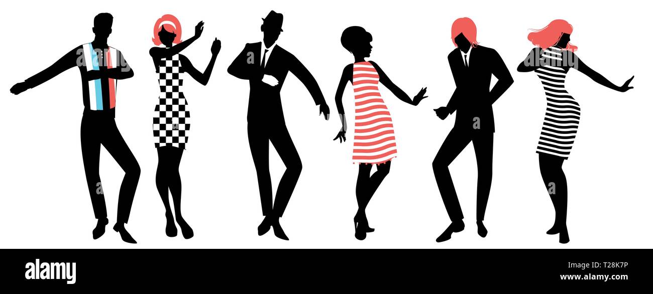 Elegant silhouettes of people wearing clothes of the sixties dancing 60s style isolated on white background Stock Vector