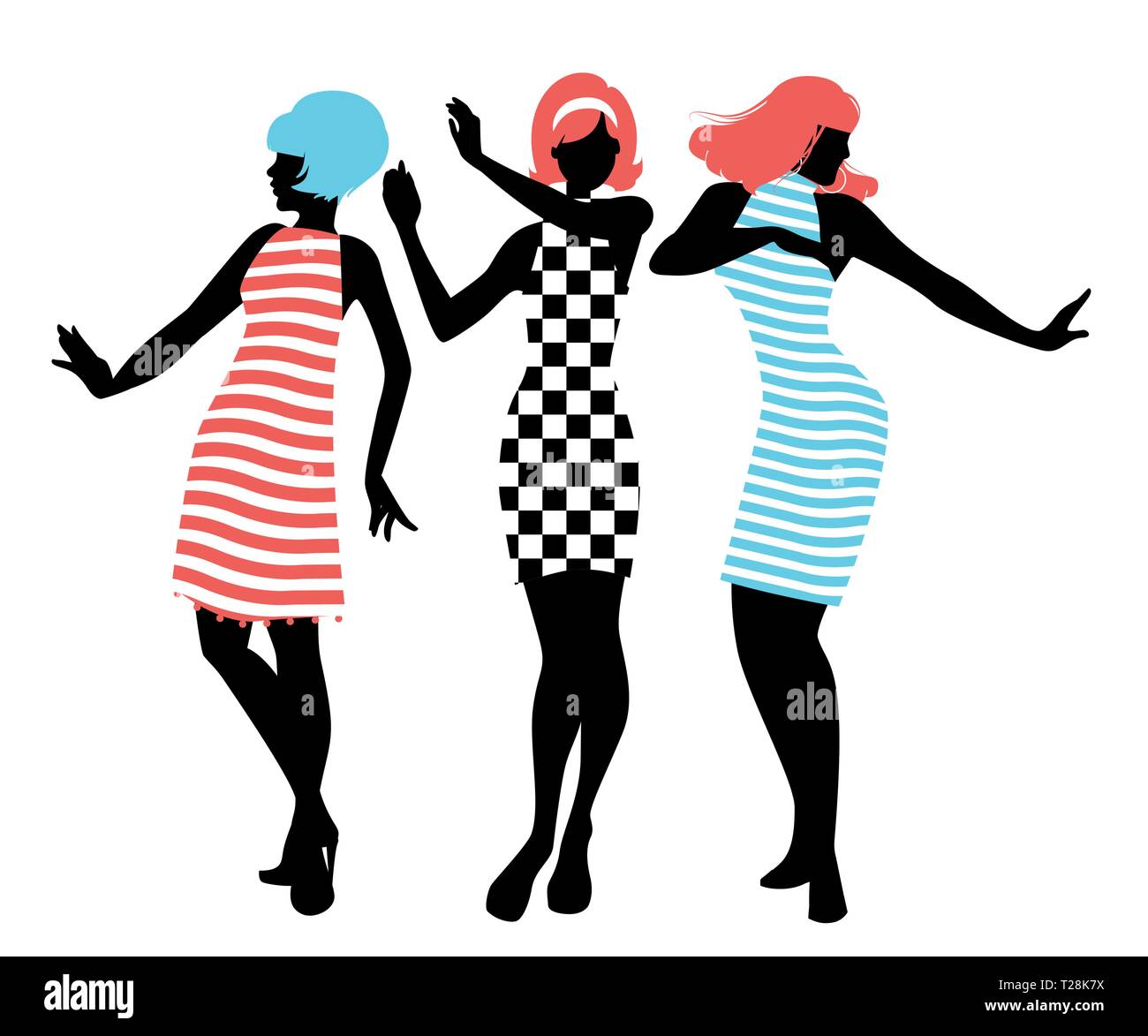 Elegant silhouettes of three girls wearing clothes of the sixties dancing 60s style isolated on white background Stock Vector