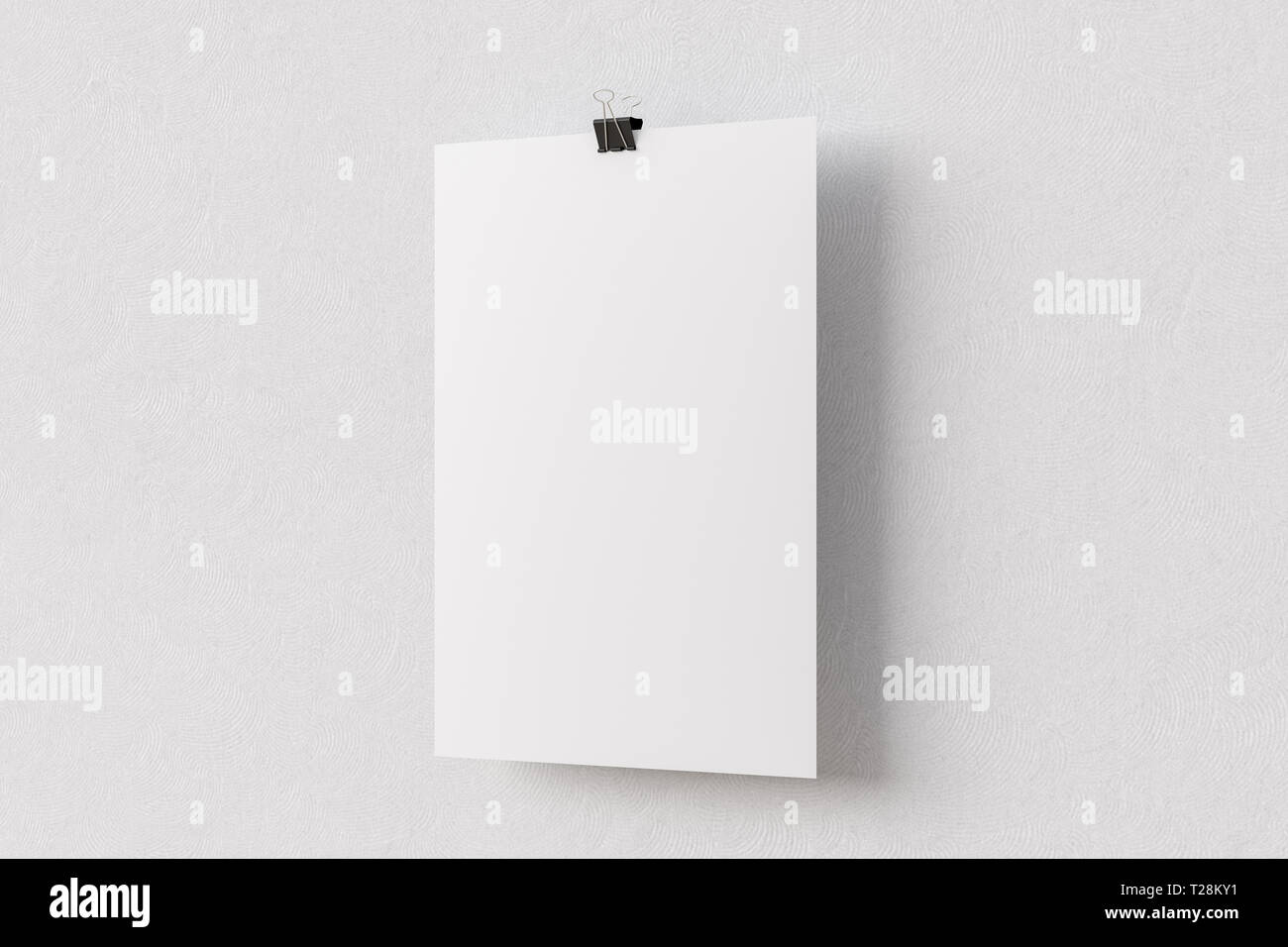 Blank paper poster hanging on binder clip on white wall background. 3d