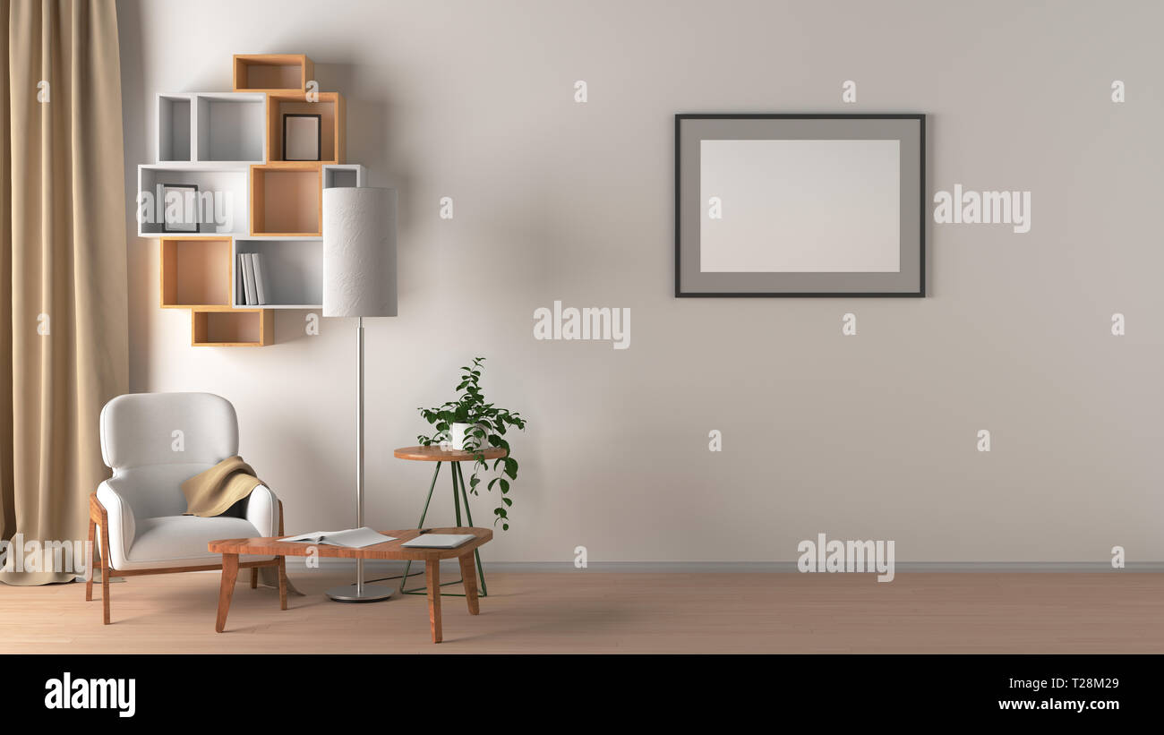 Blank Wall With Horizontal Poster In Living Room Interior Mock Up