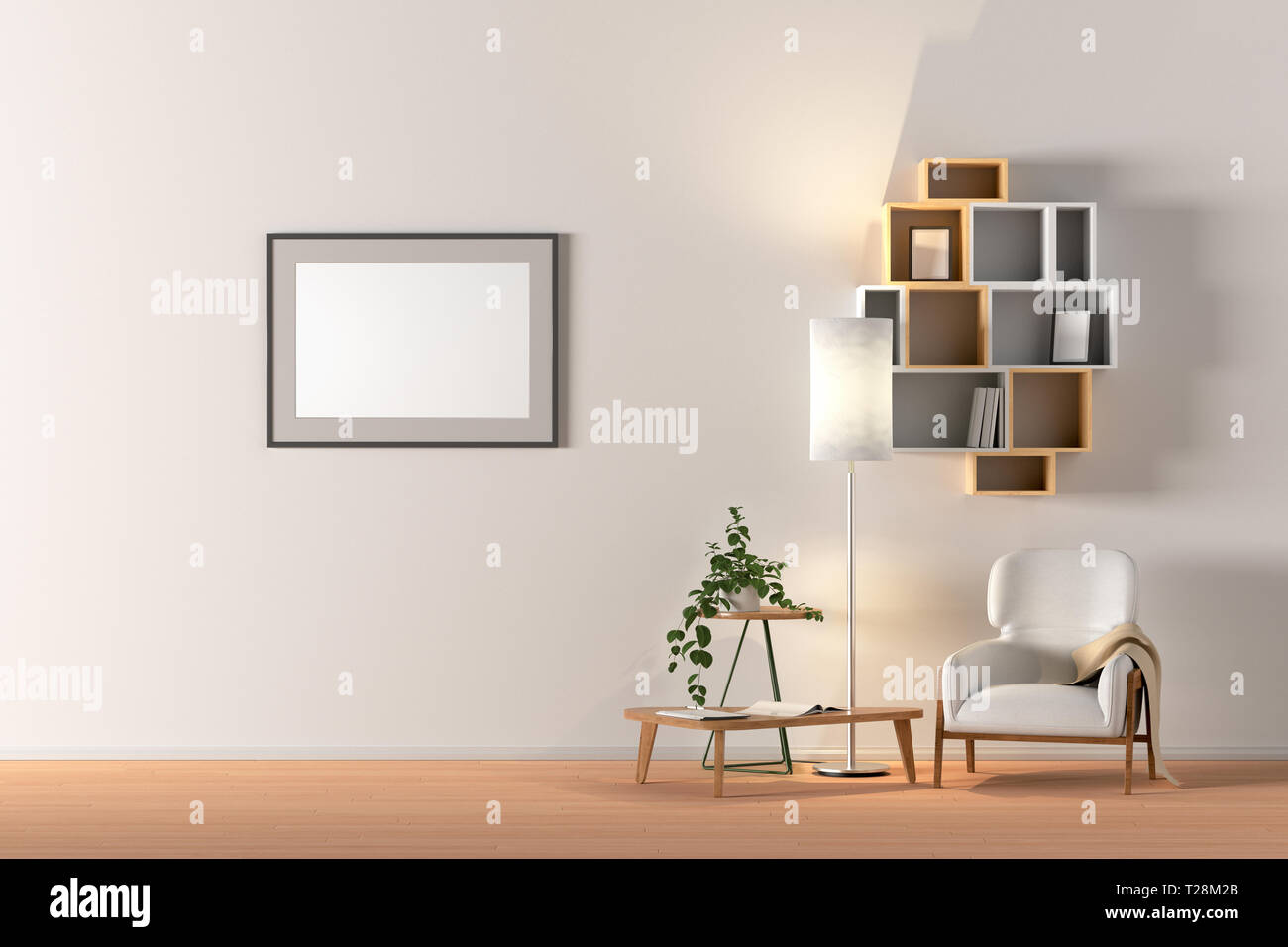 Blank Wall With Horizontal Poster In Living Room Interior Mock Up