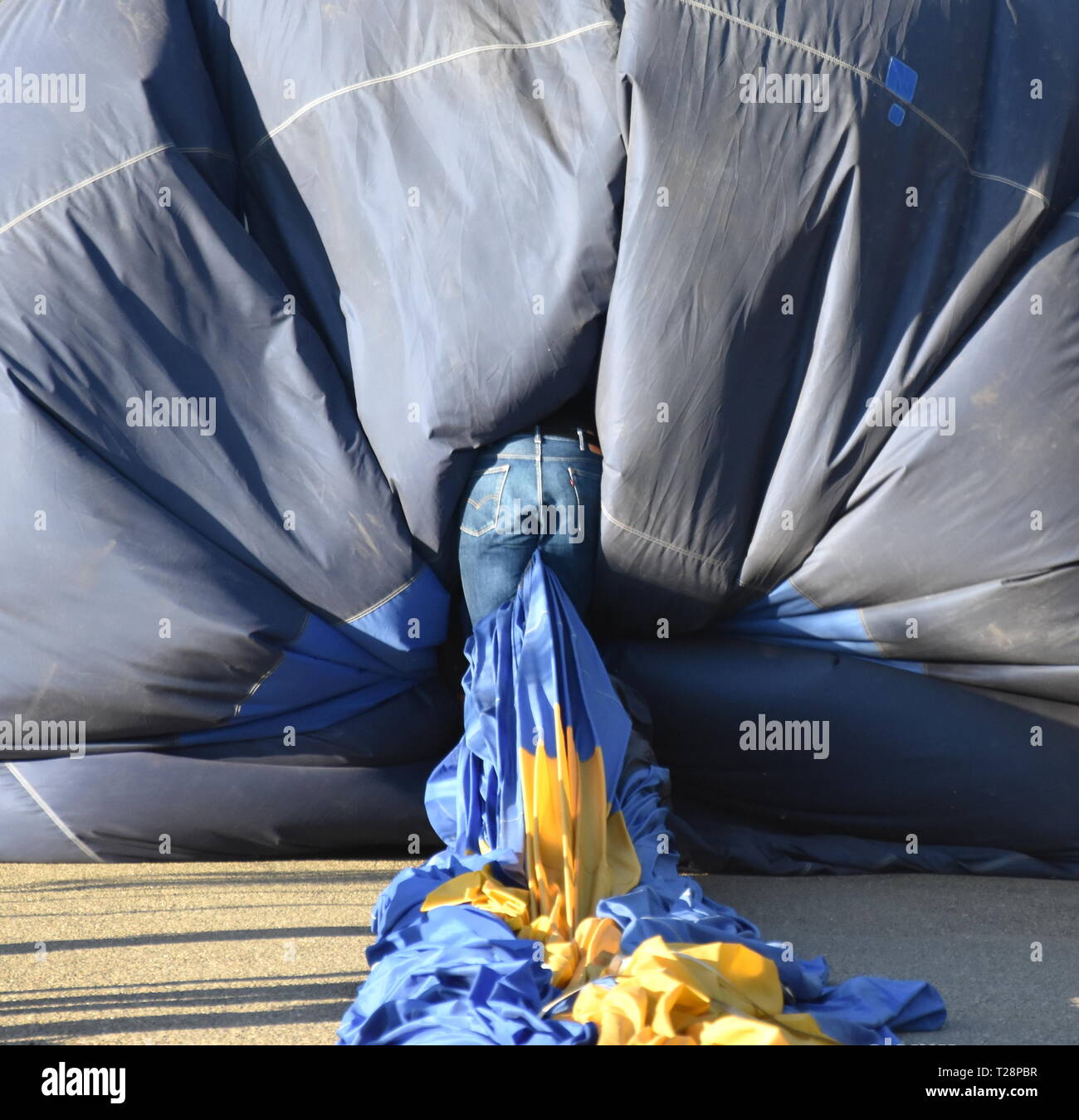Man in jeans creeping in a hot air balloon to wrap up it. Balloon  Spectacular Festival was held in Canberra Stock Photo - Alamy