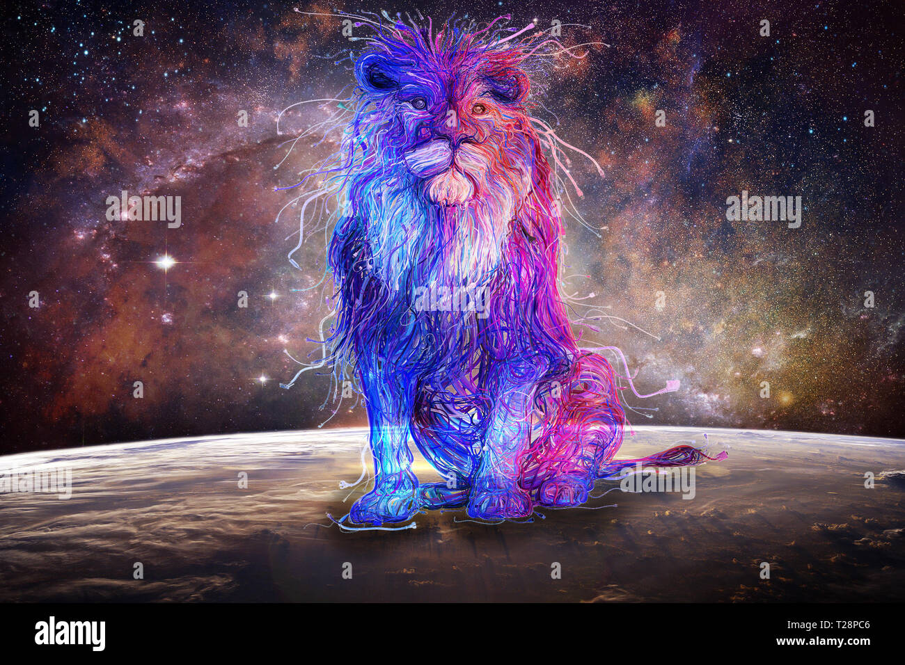 Abstract Multicolored Lion Sitting On Top Of A Colorful Earth With