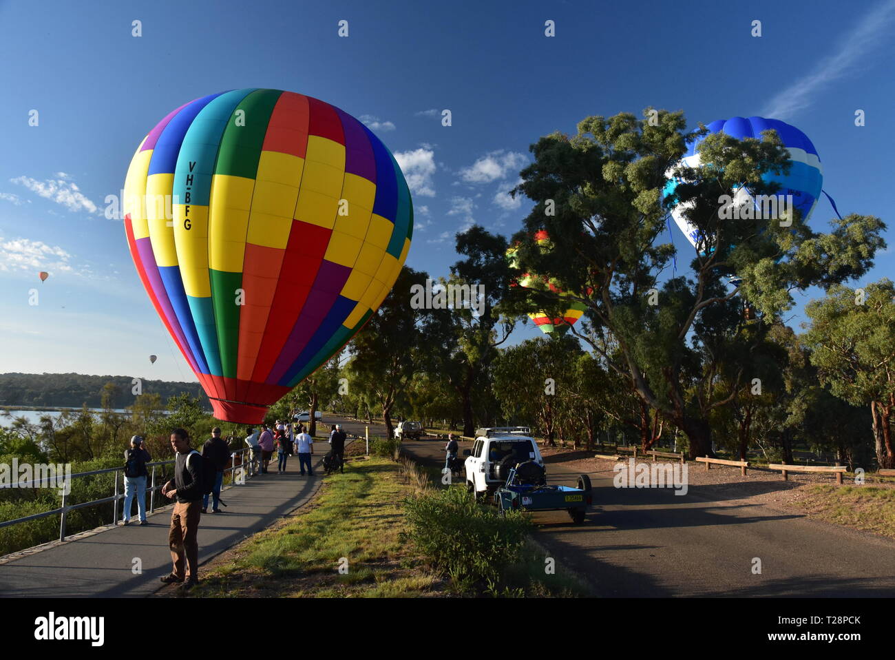 Canberra, Australia March 10, 2019. Hot air balloons landing at Lake