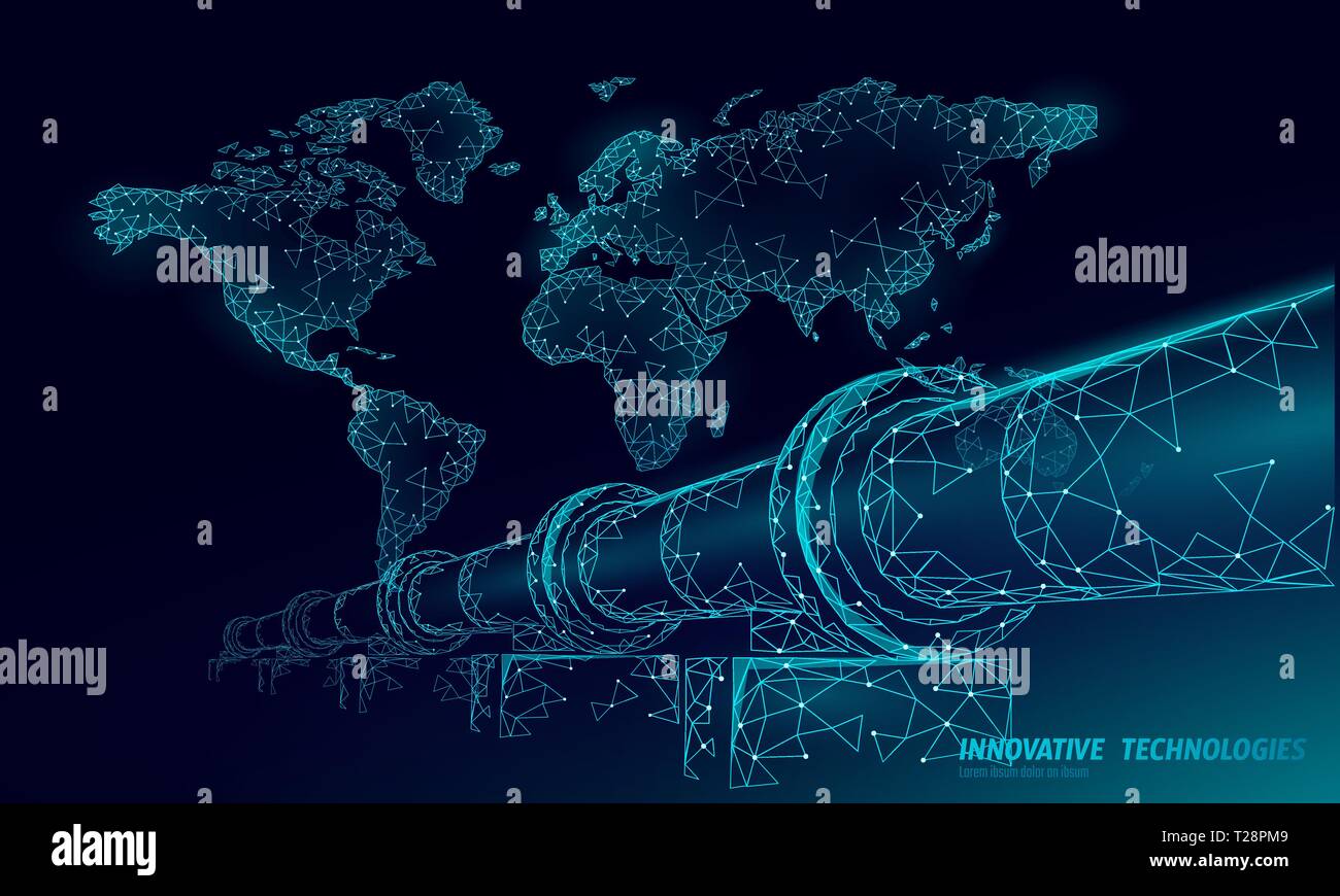 Oil pipeline world map business concept. Finance economy polygonal petrol production. Petroleum fuel industry transportation line connection dots blue Stock Vector