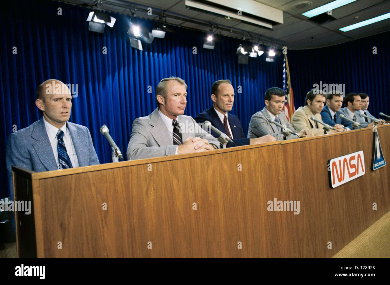 (22 March 1978) --- These eight men have been named on four two-man crews who will fly the space shuttle orbiter vehicle during orbital flight tests (OFT) scheduled to begin in 1979. Pictured during their press conference, right to left, astronauts John W. Young, Robert L. Crippen, Joe H. Engle, Richard H. Truly, Fred W. Haise Jr., Jack R. Lousma, Vance D. Brand and C. Gordon Fullerton. Young and Crippen are commander and pilot, respectively, for the first OFT mission. Other crews are comprised of Engle, commander, and Truly, pilot; Haise, commander, and Lousma, pilot; Brand, commander, and Fu Stock Photo