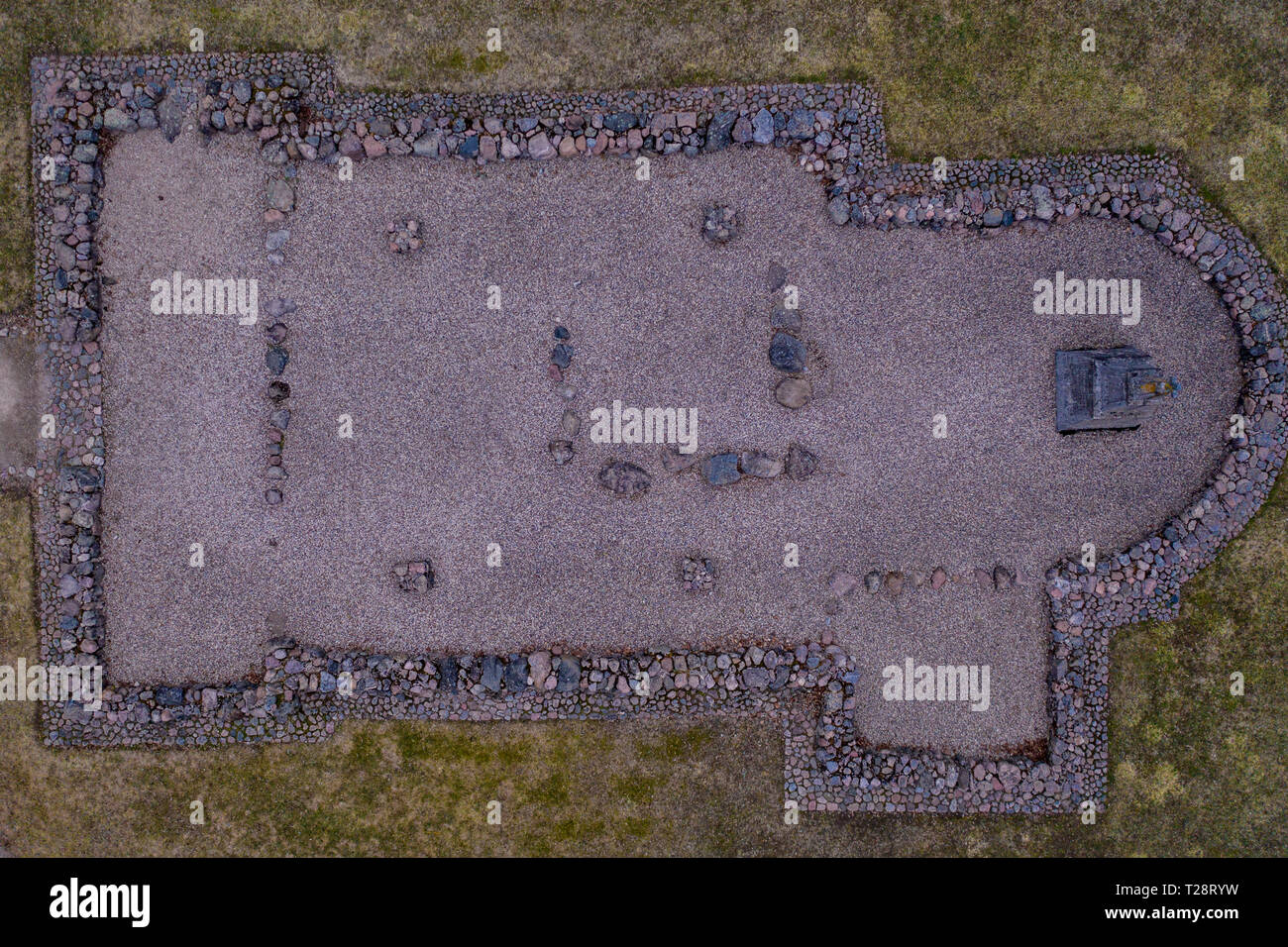 Aerial view of old church ruins and monument on sunny evening day ...
