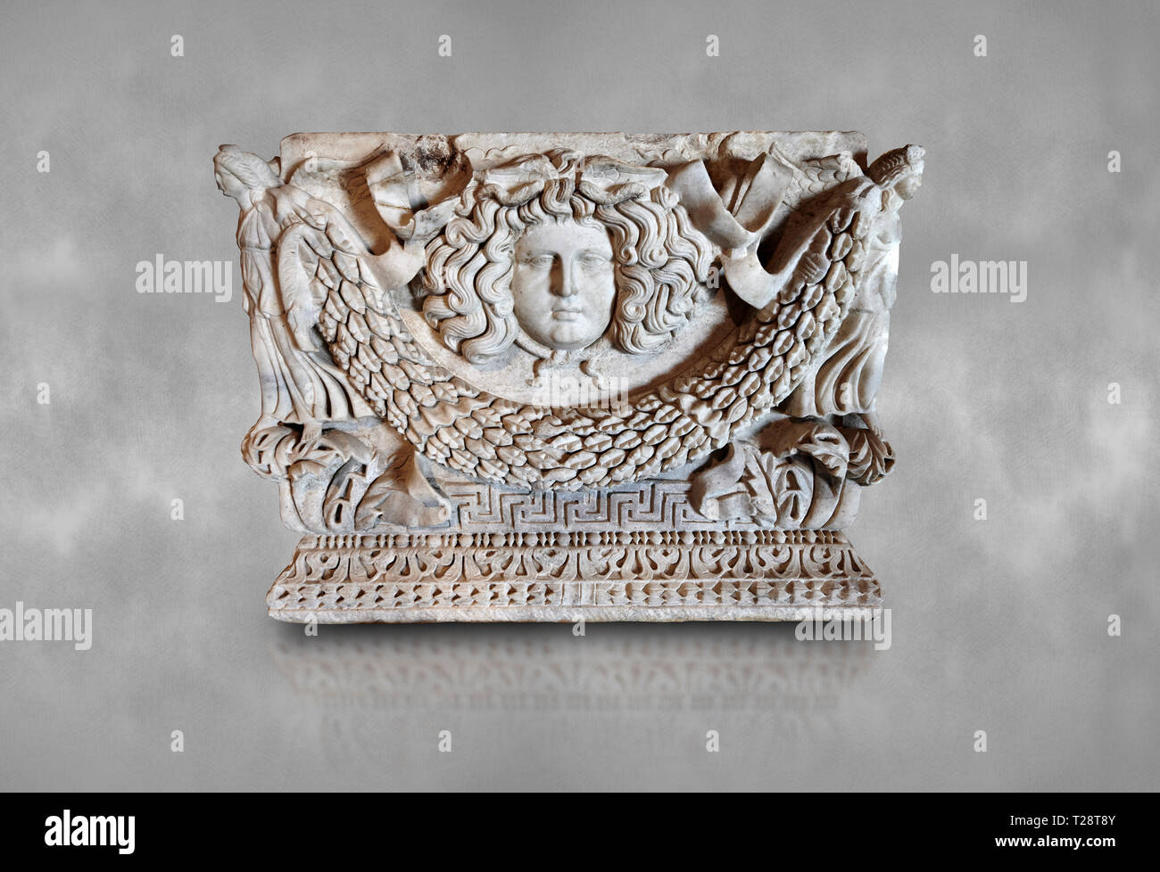 Roman sarcophagus with garland reliefs sculptures, 3rd century AD made in Laodicea on the Lycus from Hierapolis Necropolis . Hierapolis Archaeology Mu Stock Photo