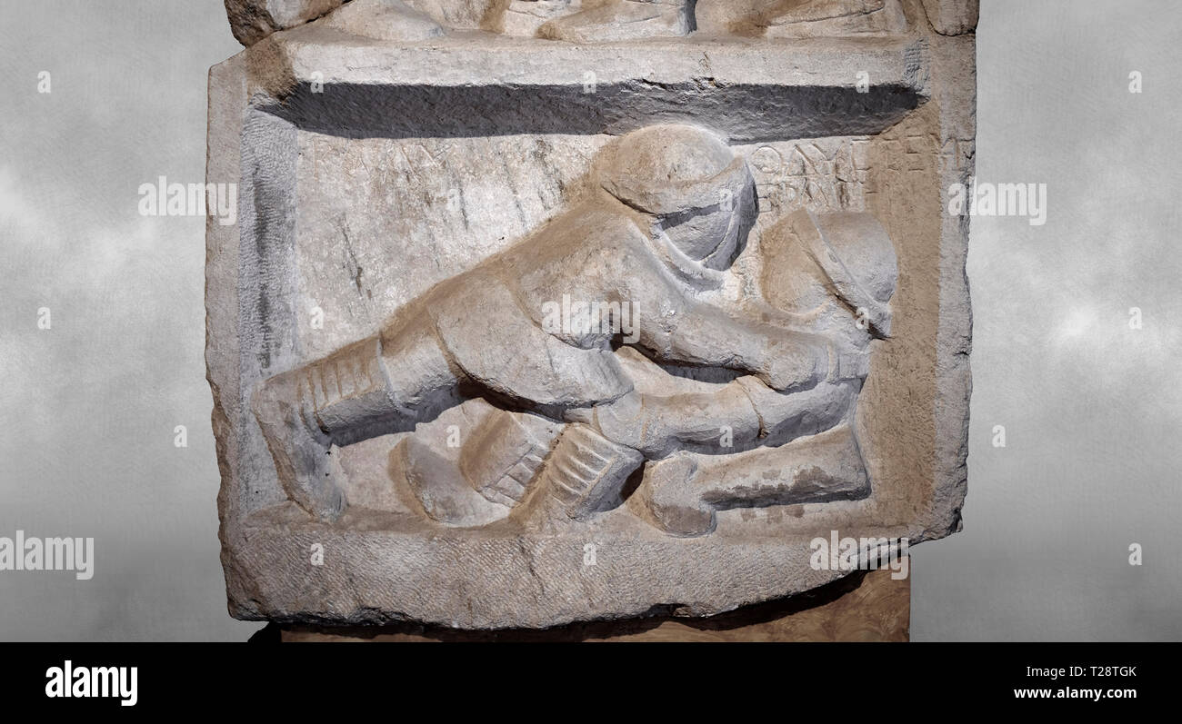 Roman relief sculptures of gladiator fights 3rd century AD from Hierapolis Northern Necropolis. Hierapolis Archaeology Museum, Turkey Stock Photo