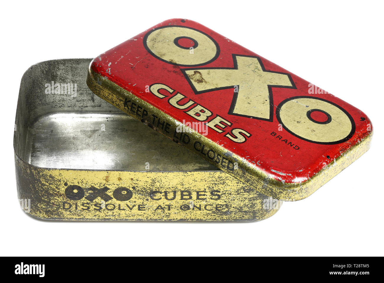 Vintage OXO cubes tin isolated on white background. Stock Photo