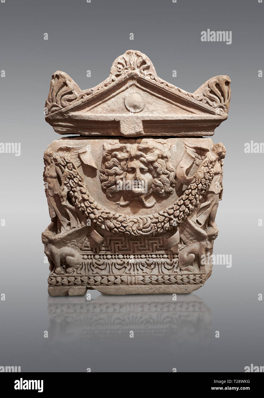 Picture of Roman relief sculpted Sarcophagus of Garlands, 2nd century AD, Perge. This type of sarcophagus is described as a “Pamphylia Type Sarcophagu Stock Photo