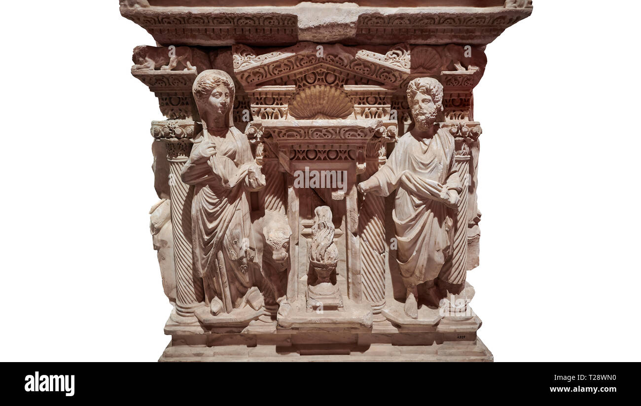 Roman relief sculpted sarcophagus of Domitias Julianus and Domita Philiska, 2nd century AD, Perge. Antalya Archaeology Museum, Turkey.   it is from th Stock Photo