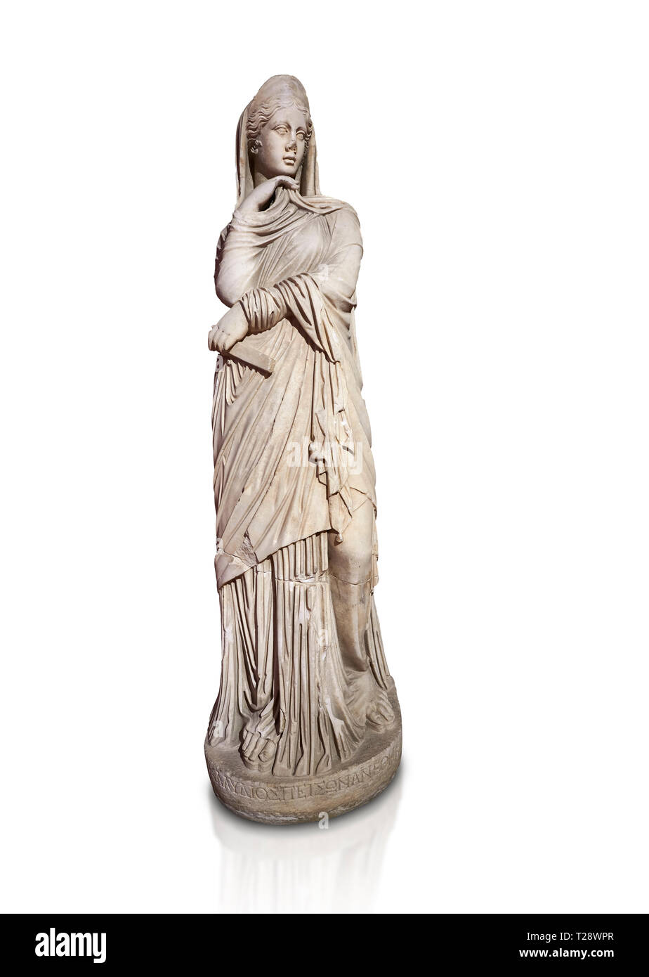 Roman statue of Nemesis goddess of retribution.Marble. Perge. 2nd century  AD. Inv no 6.29.81 .Antalya Archaeology Museum; Turkey. Against a white bac  Stock Photo - Alamy