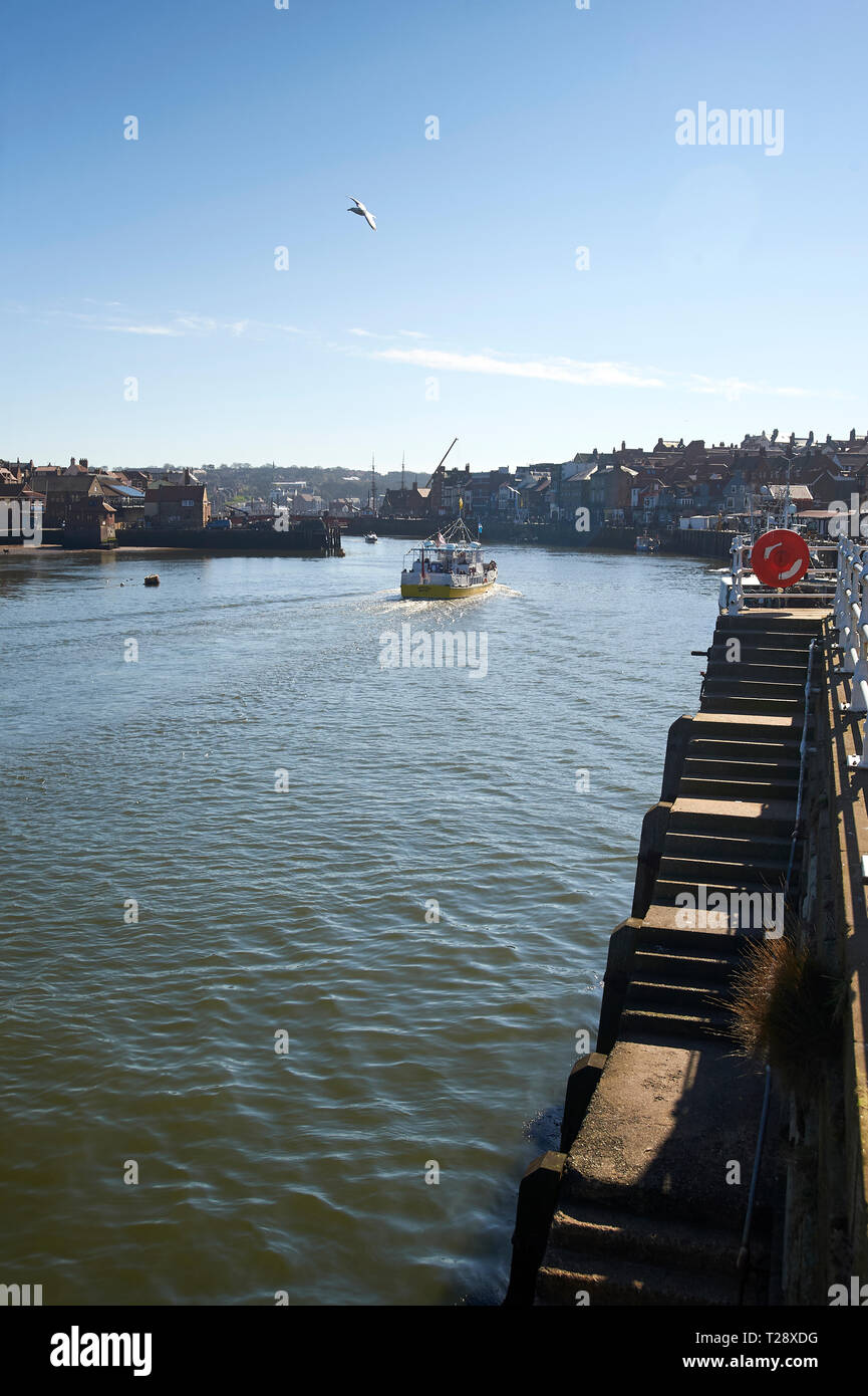 The Summer Queen boat entering the harbour at Whitby , North Yorkshire ...
