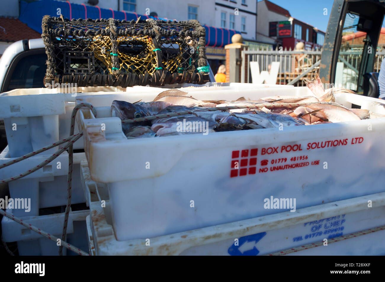 Fish boxes being loaded into a truck at the harbour in Whitby , North
