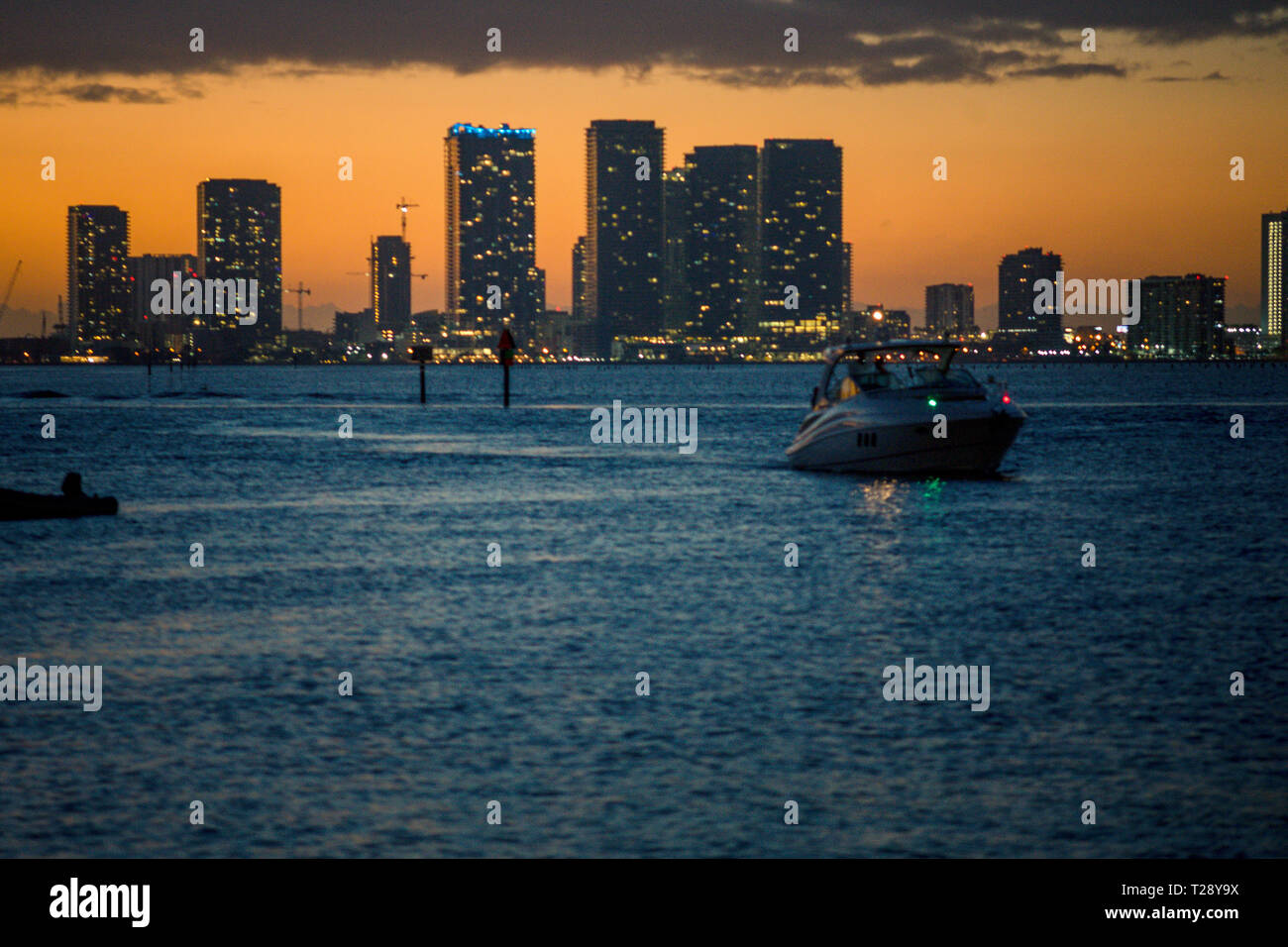 Miami Harbour viewed from Maurice Gibb memorial park at sunset Stock Photo