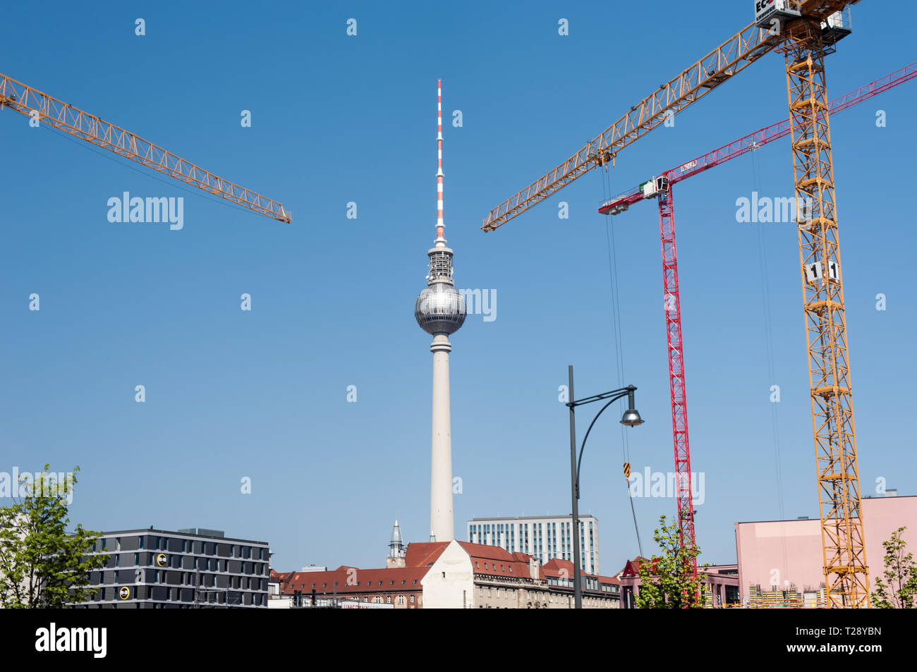 The iconic Fernsehturm or Television Tower in Berlin, Germany. Stock Photo