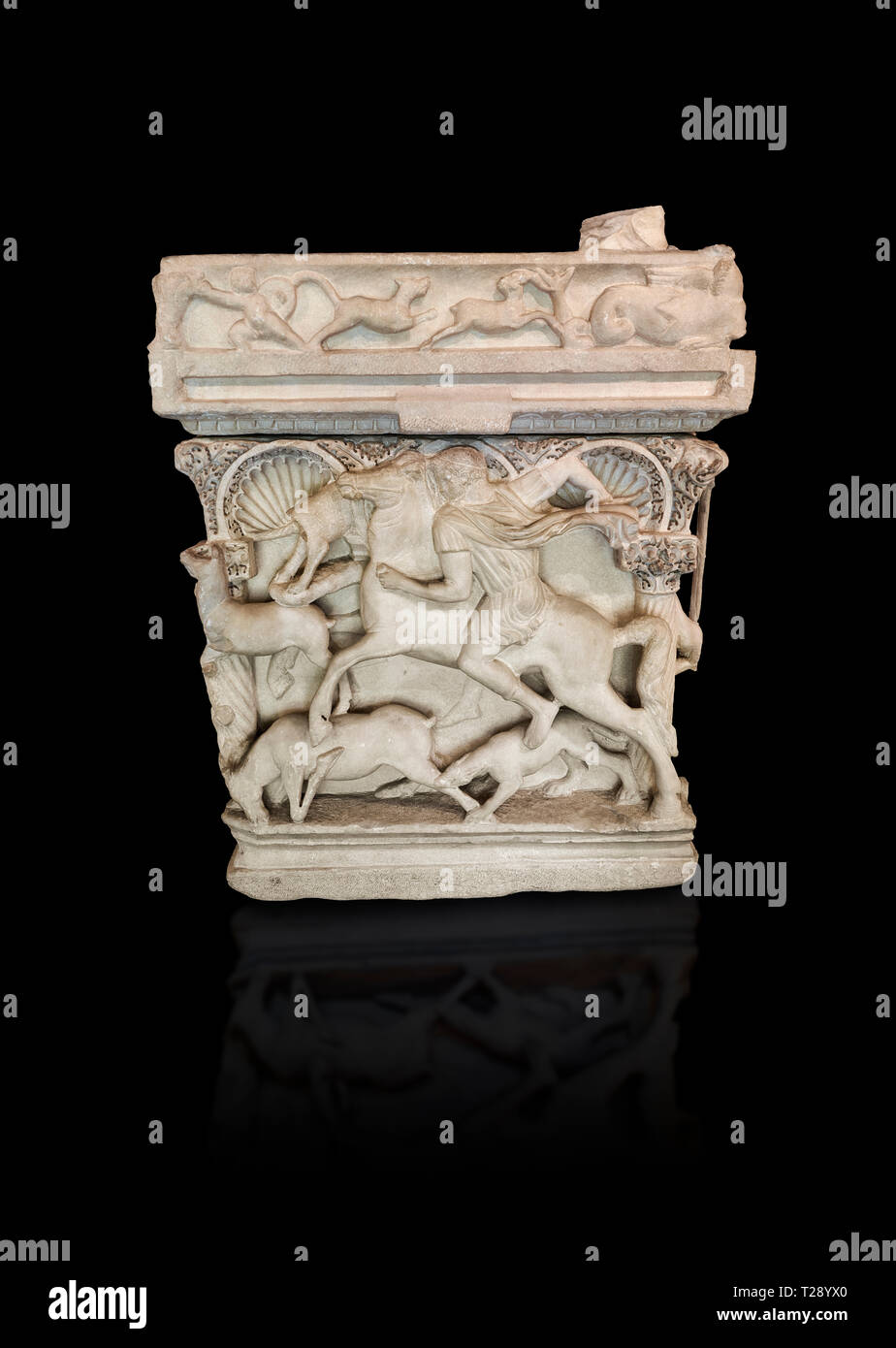 End Panel Of A Roman Relief Sculpted Sarcophagus With Kline Couch
