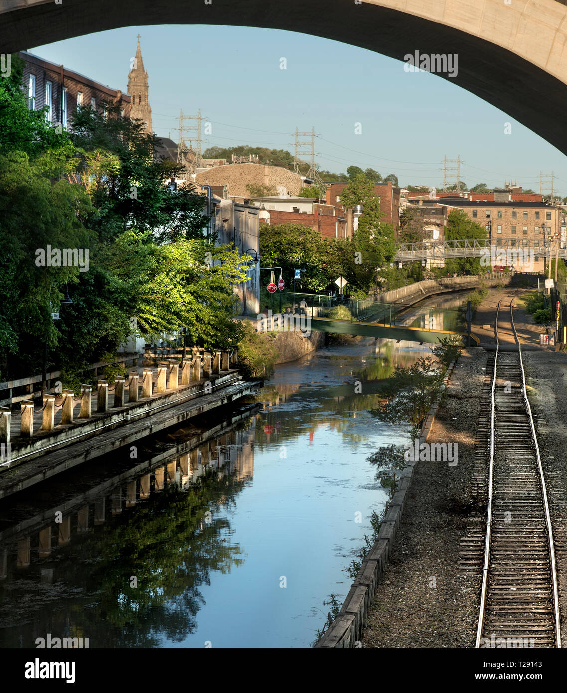 The Manayunk Bridge and canal in Manayunk Philadelphia. Once a railway