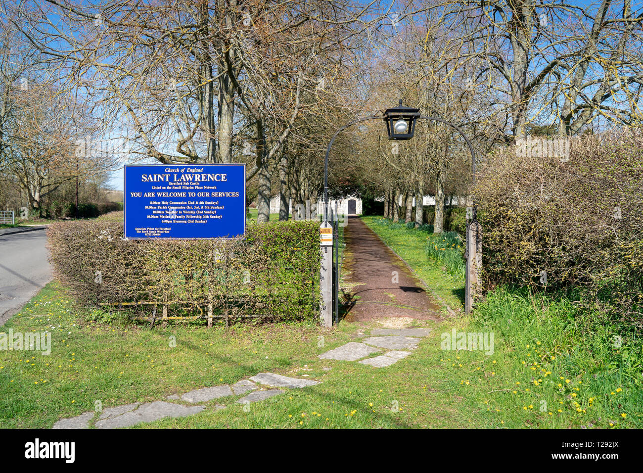 Sign at the entrance to St Lawrence church in Stratford sub Castle near