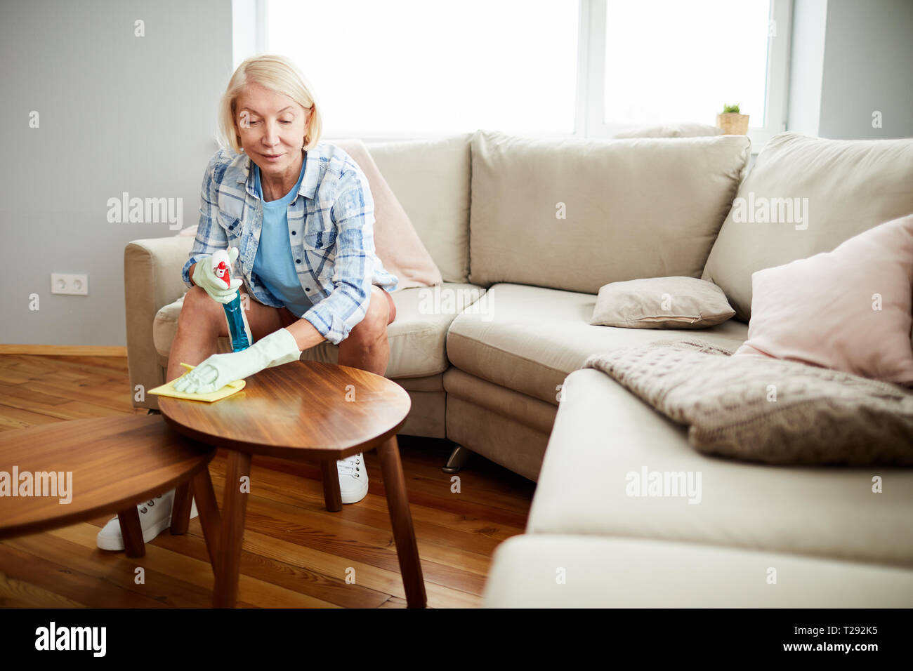 Mature woman removing dust from coffee table Stock Photo