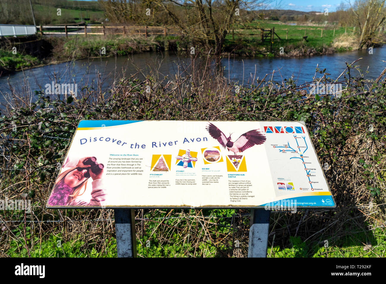 Information sign beside the River Avon at Stratford sub Castle UK Stock Photo