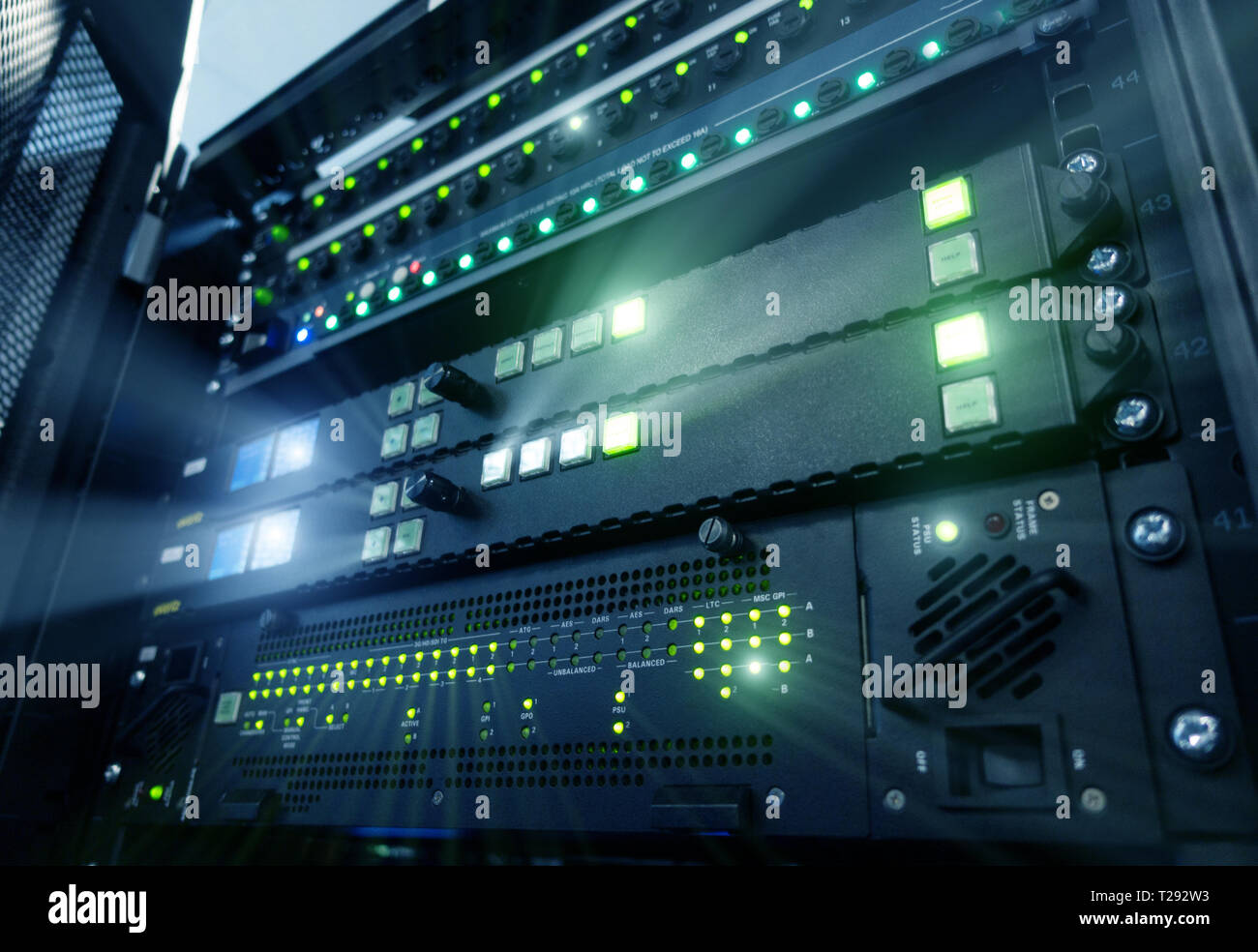 Panel modern servers in the data center. Supercomuter telecommunication technology. Server rack fuses Stock Photo