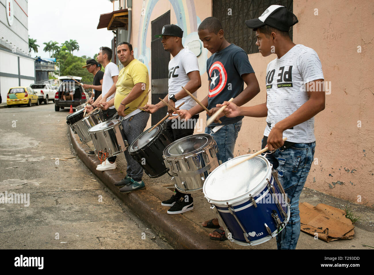 Young musicians rehearsing in public with surdos (marching snare drum) on Sunday afternoon in downtown Panama City. Panama, Central America. Oct 2018 Stock Photo