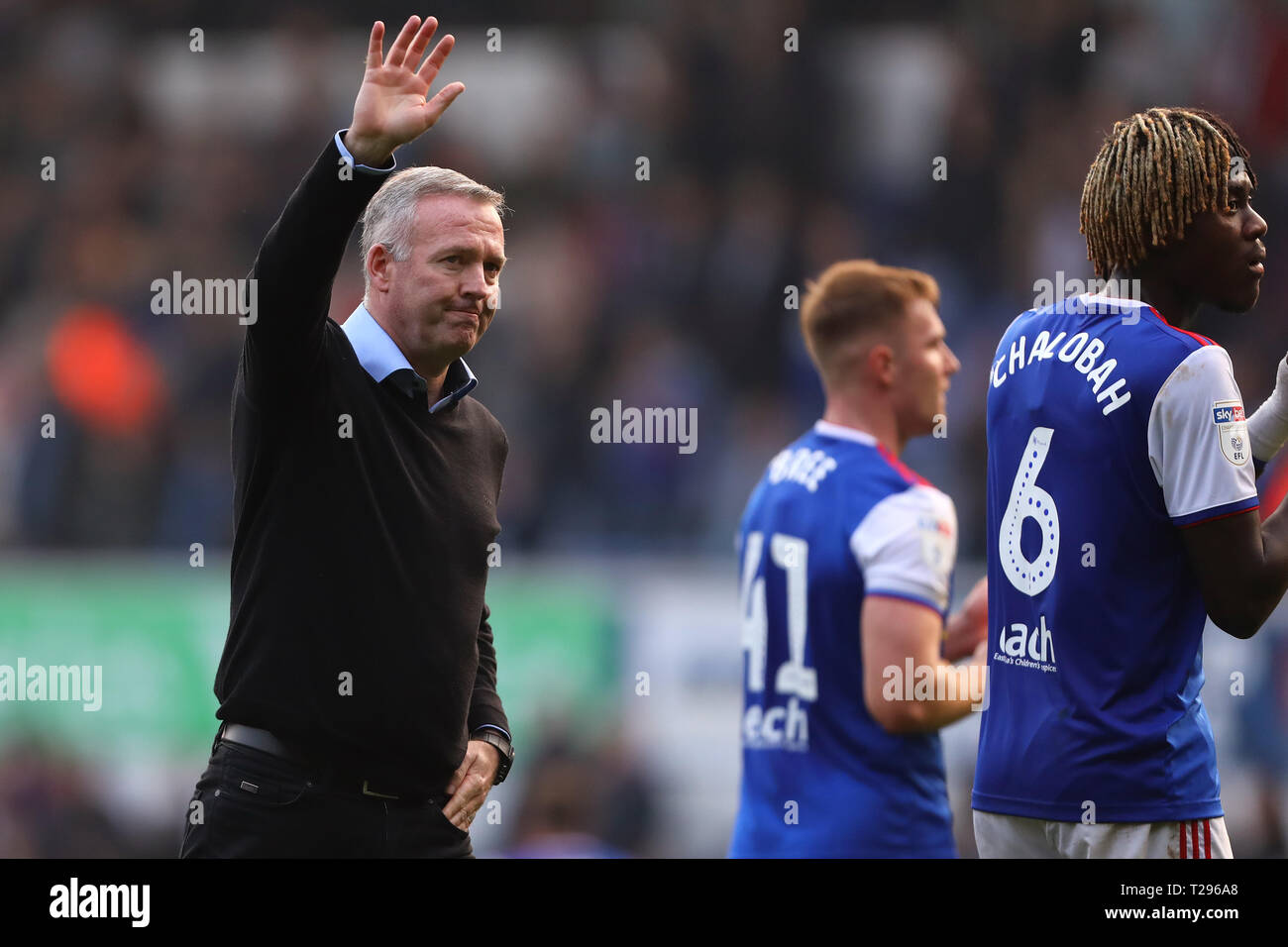 Ipswich, UK. 30th March 2019. Manager of Ipswich Town, Paul Lambert acknowledge the home fans after the match - Ipswich Town v Hull City, Sky Bet Championship, Portman Road, Ipswich - 30th March 2019  Editorial use only, license required for commercial use. No use in betting,games or a single club/league/player publications. Credit: MatchDay Images Limited/Alamy Live News Stock Photo