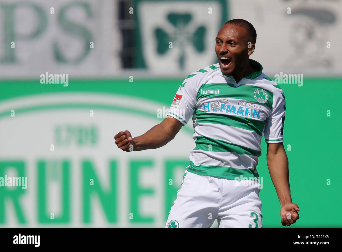 Furth, Germany. 31st Mar, 2019. Soccer: 2nd Bundesliga, SpVgg Greuther Fürth - Arminia Bielefeld, 27th matchday, at the Sportpark Ronhof Thomas Sommer. The Fürther Julian Green cheers about his goal to 1-0. Photo: Daniel Karmann/dpa - IMPORTANT NOTE: In accordance with the requirements of the DFL Deutsche Fußball Liga or the DFB Deutscher Fußball-Bund, it is prohibited to use or have used photographs taken in the stadium and/or the match in the form of sequence images and/or video-like photo sequences. Credit: dpa picture alliance/Alamy Live News Stock Photo