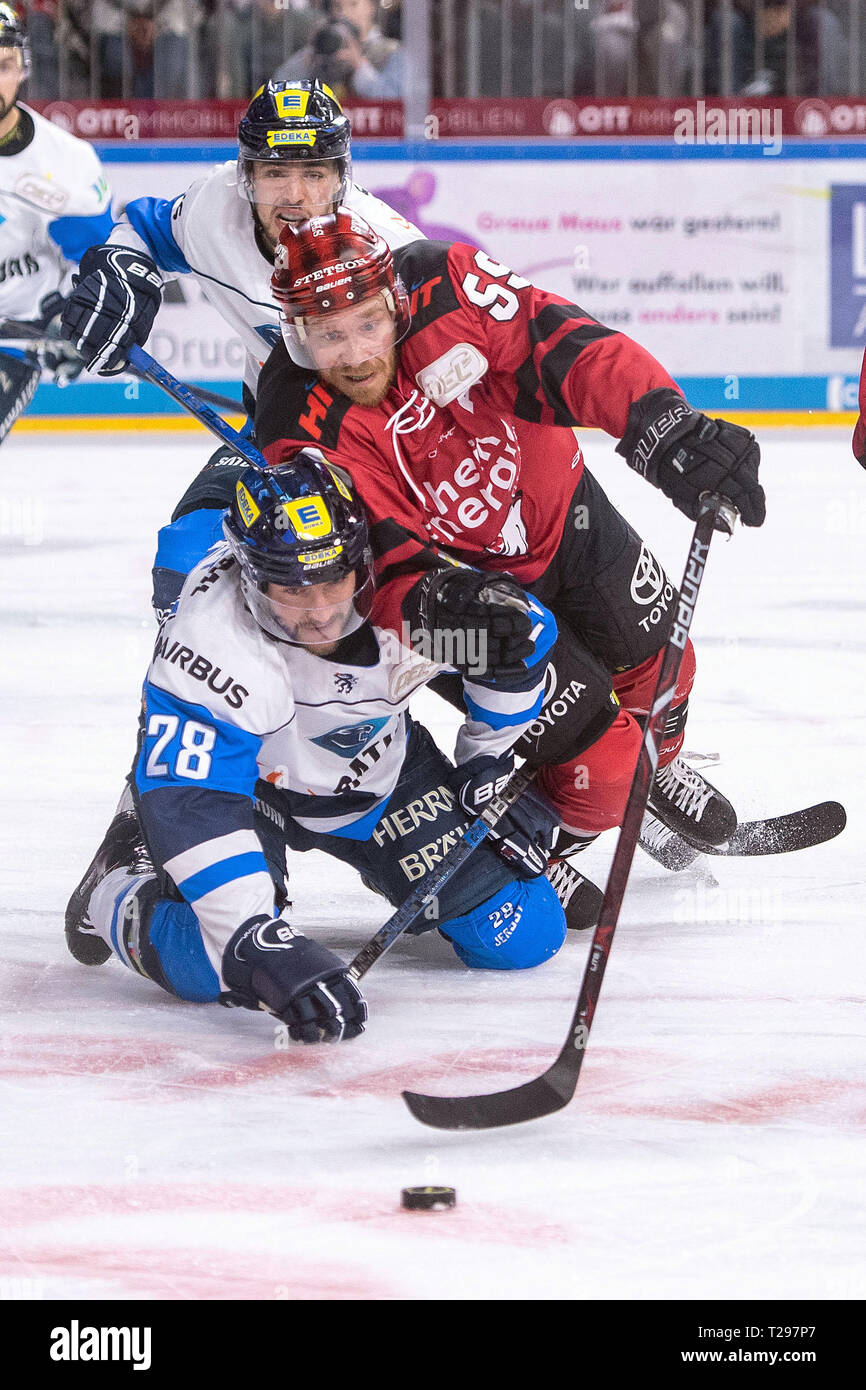 Cologne, Germany. 31st March 2019.  Ice hockey: DEL, Kölner Haie - ERC Ingolstadt, championship round, quarter finals, 7th matchday. Cologne's Colby Genoway (r) and Ingolstadt's Ryan Garbutt fight for the puck. Photo: Marius Becker/dpa Credit: dpa picture alliance/Alamy Live News Stock Photo
