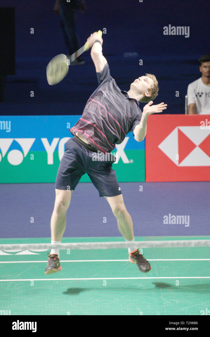 New Delhi, India. 31st March 2019. Viktor Axelsen of Denmark in action in  the men's singles finals at Yonex Sunrise India Open 2019 in New Delhi,  India. Credit: Karunesh Johri/Alamy Live News