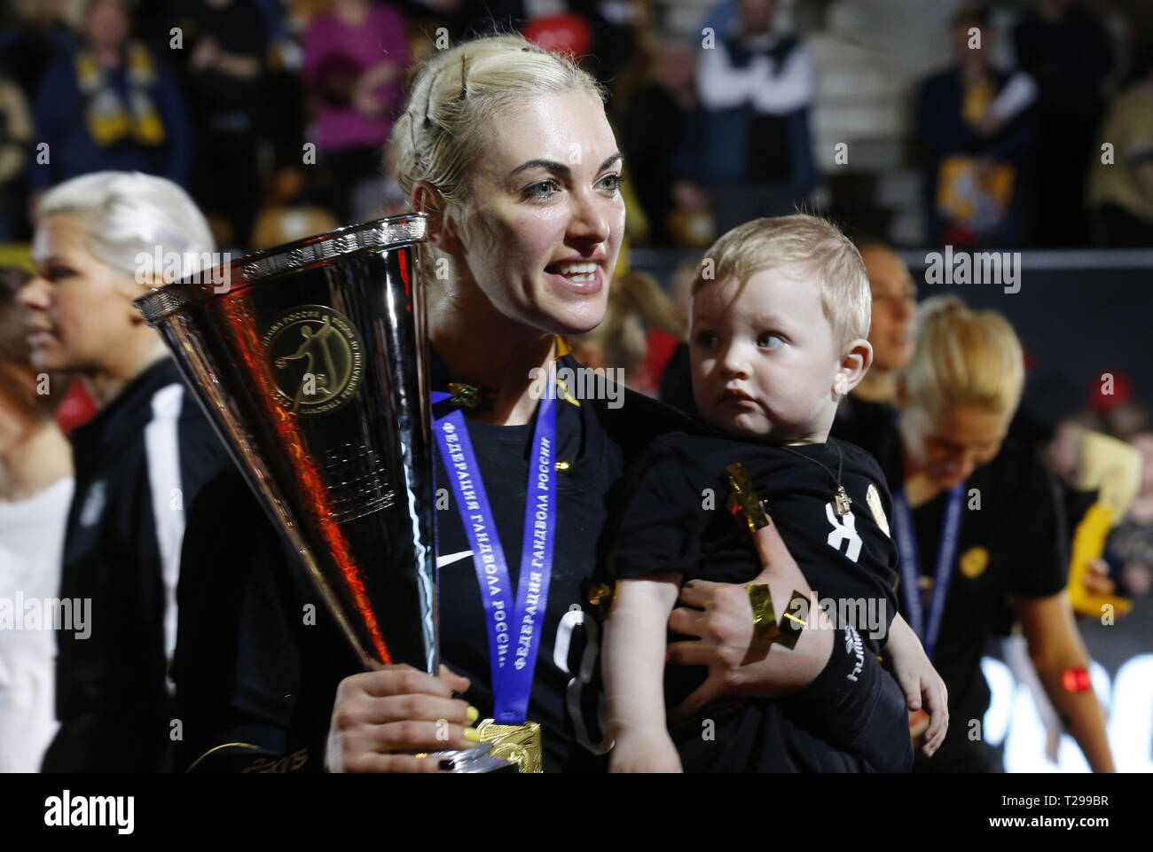 Rostov On Don, Russia. 31st Mar, 2019. ROSTOV-ON-DON, RUSSIA - MARCH 31,  2019: Rostov-Don's Polina Kuznetsova (front) celebrates her team winning  their Russian Women's Handball Cup Final Four final match against Lada