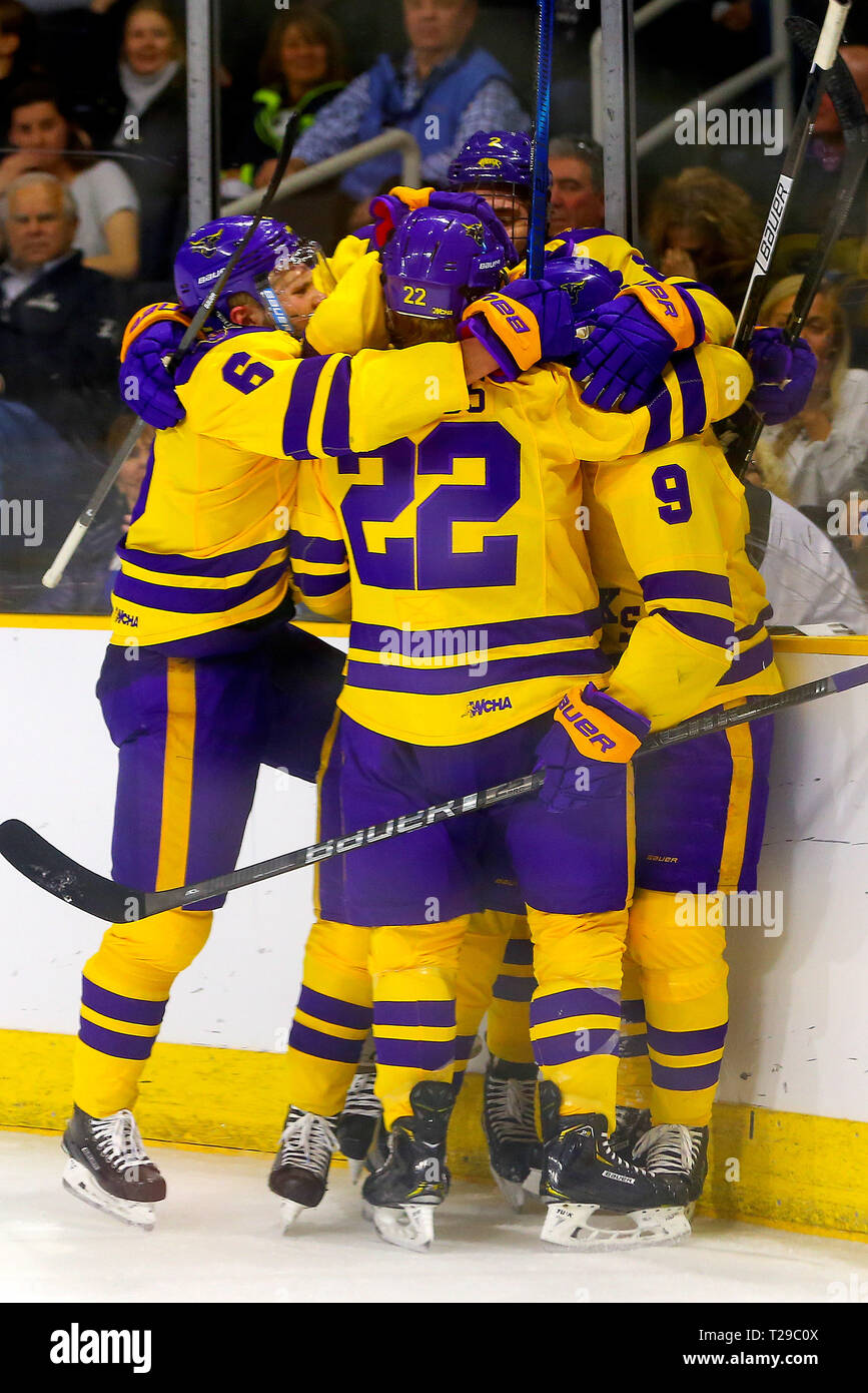 Providence,  USA. 30th Mar, 2019. Minnesota State Mavericks forward Dallas Gerads (22), Charlie Gerard and Minnesota State Mavericks forward Parker Tuomie (6) celebrate their teams goal during the NCAA East Regional hockey game between Minnesota State Mavericks and the Providence College Friars at The Dunkin Donuts Center in Providence, RI. Alan Sullivan/CSM/Alamy Live News Stock Photo