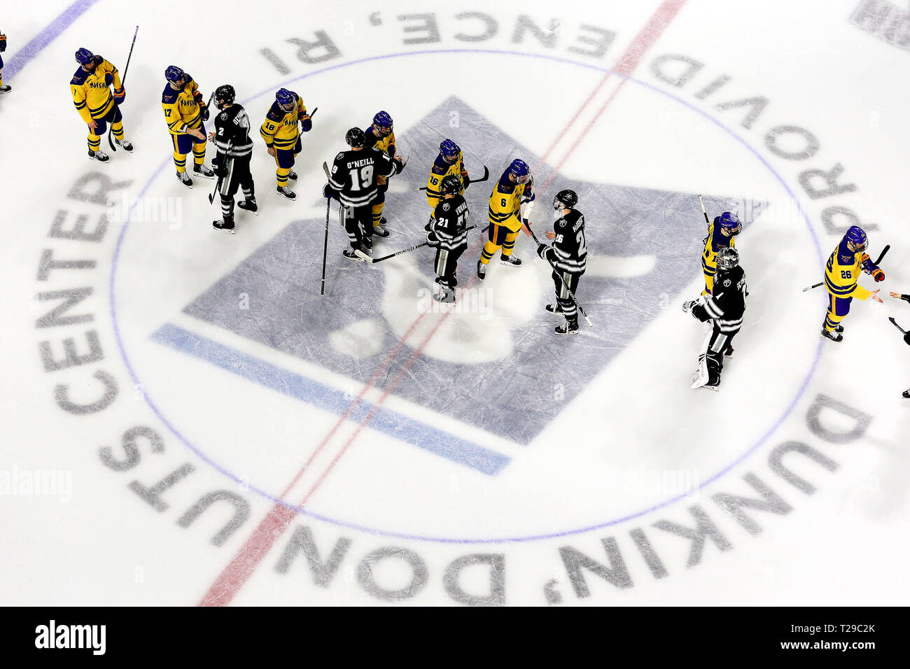 Providence,  USA. 30th Mar, 2019. The two teams shake hands after the NCAA East Regional hockey game between Minnesota State Mavericks and the Providence College Friars at The Dunkin Donuts Center in Providence, RI. Alan Sullivan/CSM/Alamy Live News Stock Photo