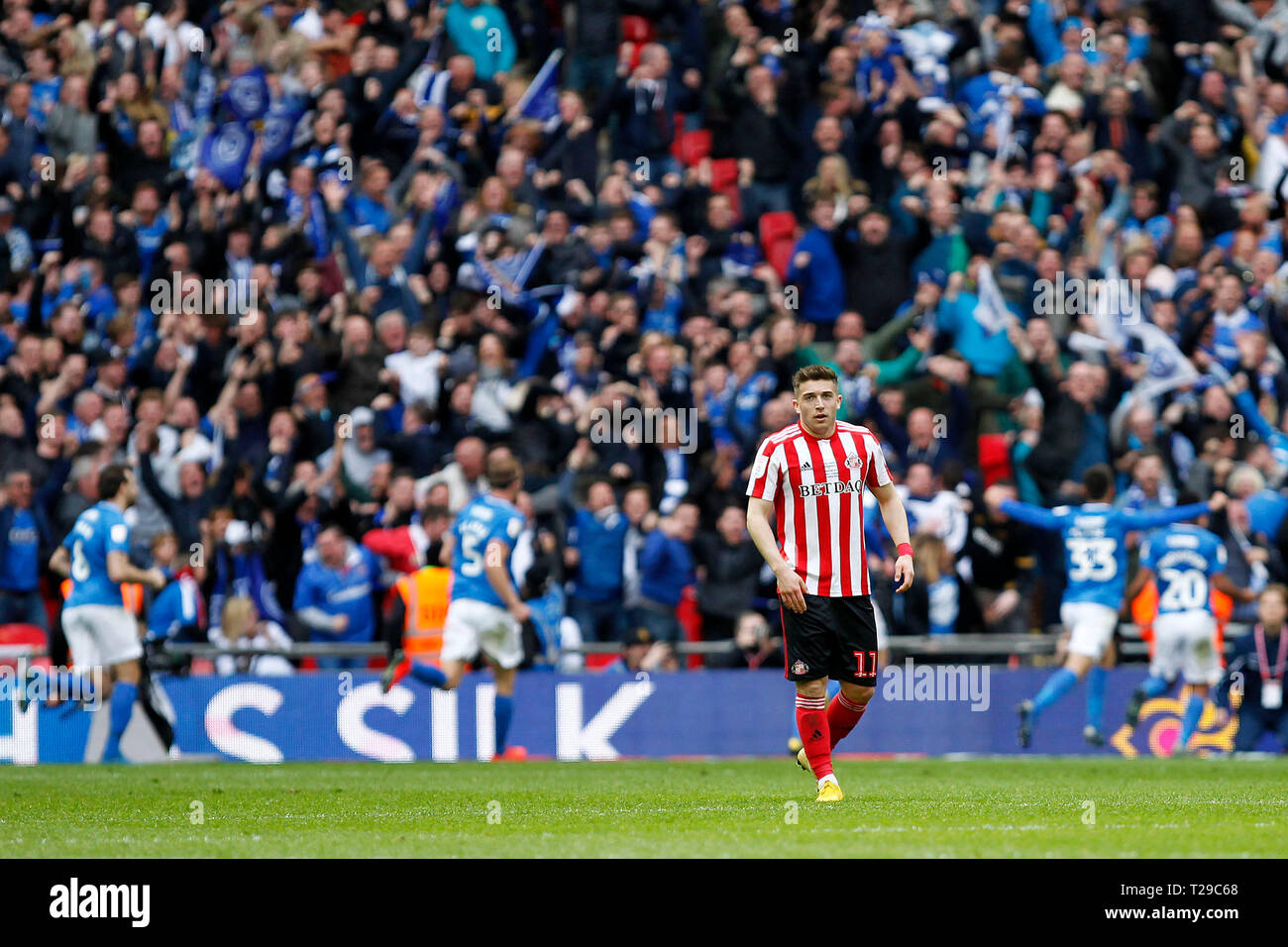A crest fallen Lynden Gooch of Sunderland after Portsmouth score during the Checkatrade Trophy Final match between Portsmouth and Sunderland at Wembley Stadium, London, England on 31 March 2019. Photo by Carlton Myrie.  Editorial use only, license required for commercial use. No use in betting, games or a single club/league/player publications. Stock Photo