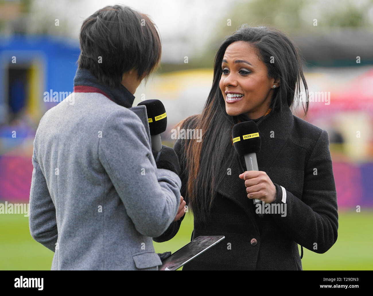 Solihull, UK. 31st Mar, 2019. SOLIHULL, ENGLAND - MARCH 31: Alex Scott moderating for BBC during the FA Women's Super League football match between Birmingham City Women vs Arsenal Women at Solihull Moors FC, Damson Park on March 31, 2019 in Solihull, England. Credit: Action Foto Sport/Alamy Live News Stock Photo