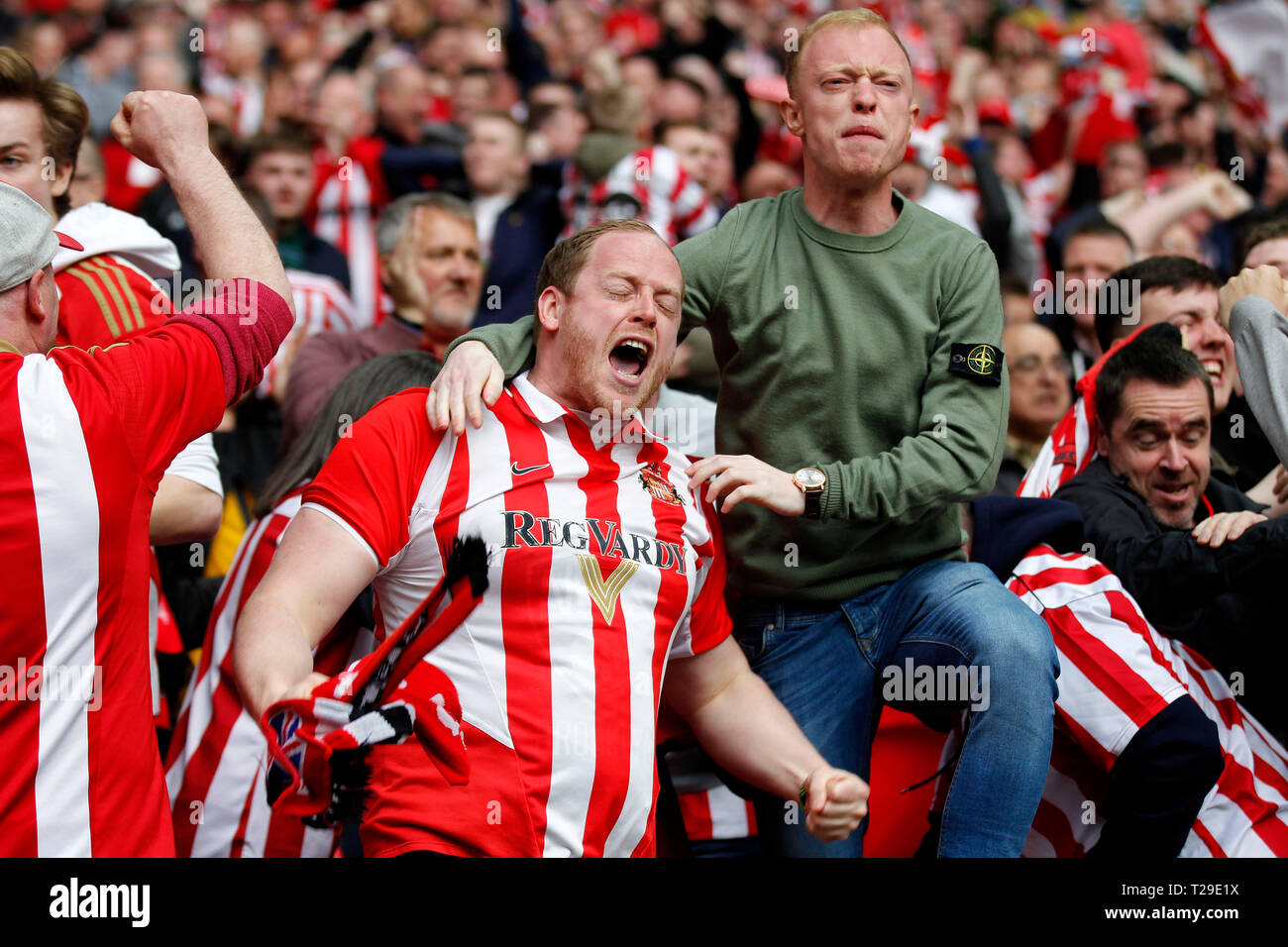 GOAL - Sunderland fans celebrate during the Checkatrade Trophy Final match between Portsmouth and Sunderland at Wembley Stadium, London, England on 31 March 2019. Photo by Carlton Myrie.  Editorial use only, license required for commercial use. No use in betting, games or a single club/league/player publications. Stock Photo