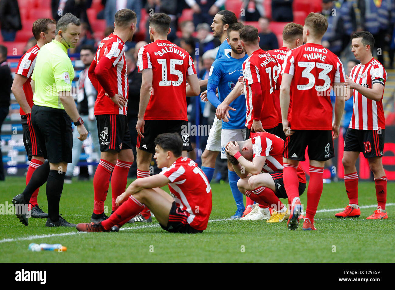 Lynden Gooch of Sunderland with head in hands during the Checkatrade Trophy Final match between Portsmouth and Sunderland at Wembley Stadium, London, England on 31 March 2019. Photo by Carlton Myrie.  Editorial use only, license required for commercial use. No use in betting, games or a single club/league/player publications. Stock Photo