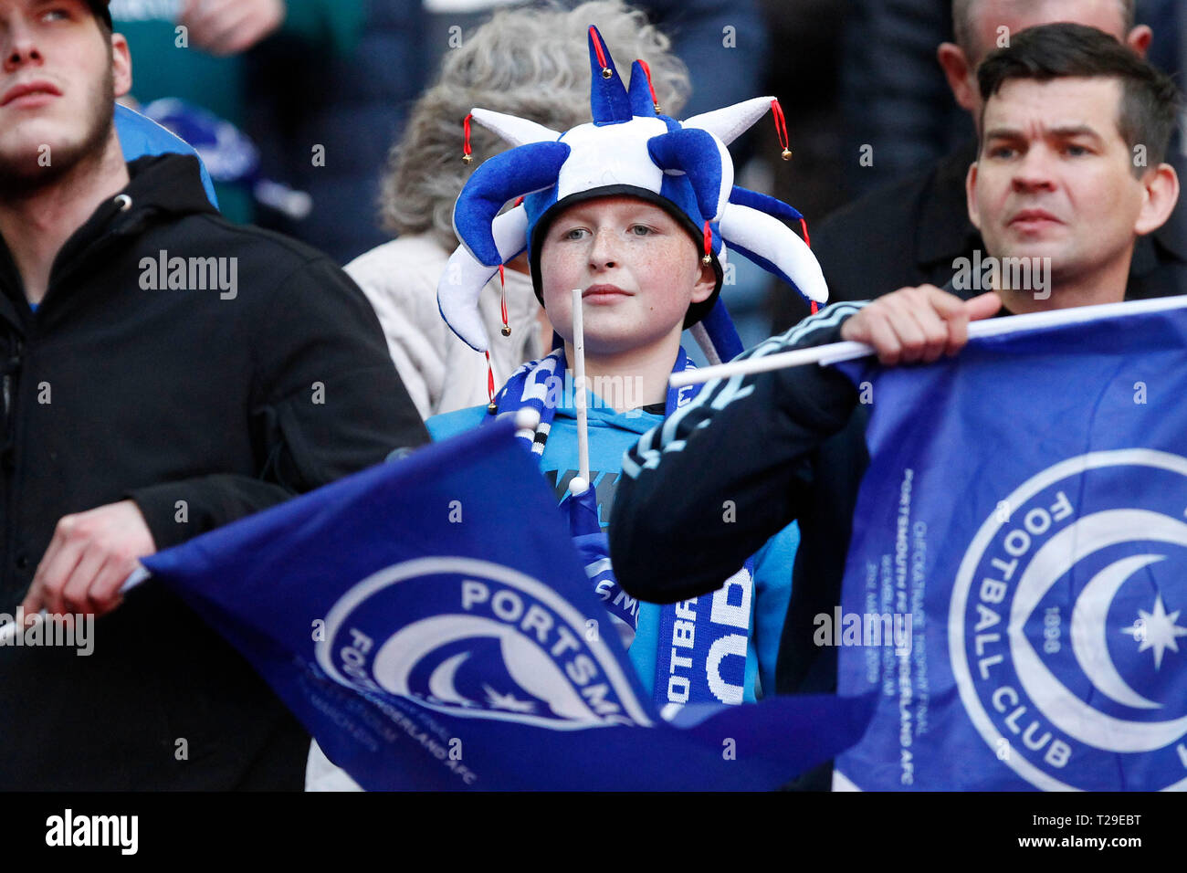Portsmouth fans seen during the Checkatrade Trophy Final match between Portsmouth and Sunderland at Wembley Stadium, London, England on 31 March 2019. Photo by Carlton Myrie.  Editorial use only, license required for commercial use. No use in betting, games or a single club/league/player publications. Stock Photo