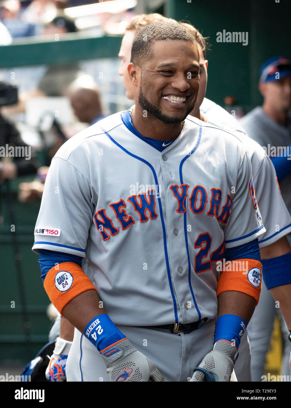 Washington, United States Of America. 30th Mar, 2019. New York Mets second  baseman Robinson Cano (24) in the dugout prior to the game against the  Washington Nationals at Nationals Park in Washington