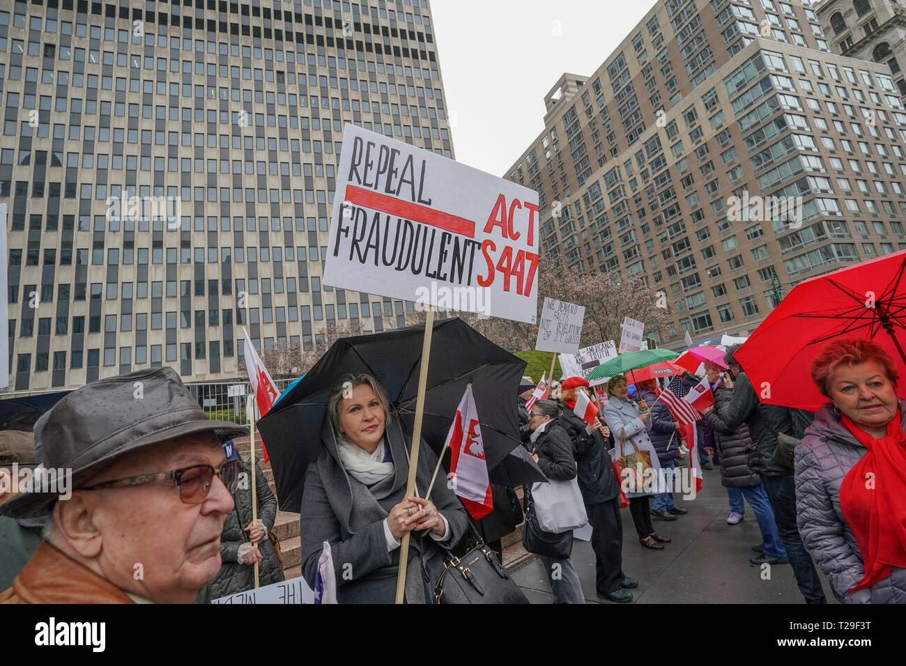 New York, United States. 31st Mar, 2019. New York, NY - March 31, 2019: Polish Americans hold rally against S.447 signed by President Trump which supports victims of Holocaust and their families at Federal Plaza Credit: lev radin/Alamy Live News Stock Photo