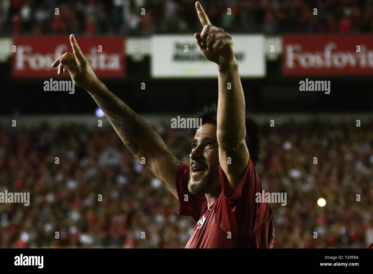 BUENOS AIRES, 30.03.2019: Pablo Pérez celebrates his goal during the match between Independiente and Vélez Sarsfield for Superliga Argentina, this saturday on Libertadores de América Stadium on Buenos Aires, Argentina. (Photo: Néstor J. Beremblum / Alamy News) Stock Photo