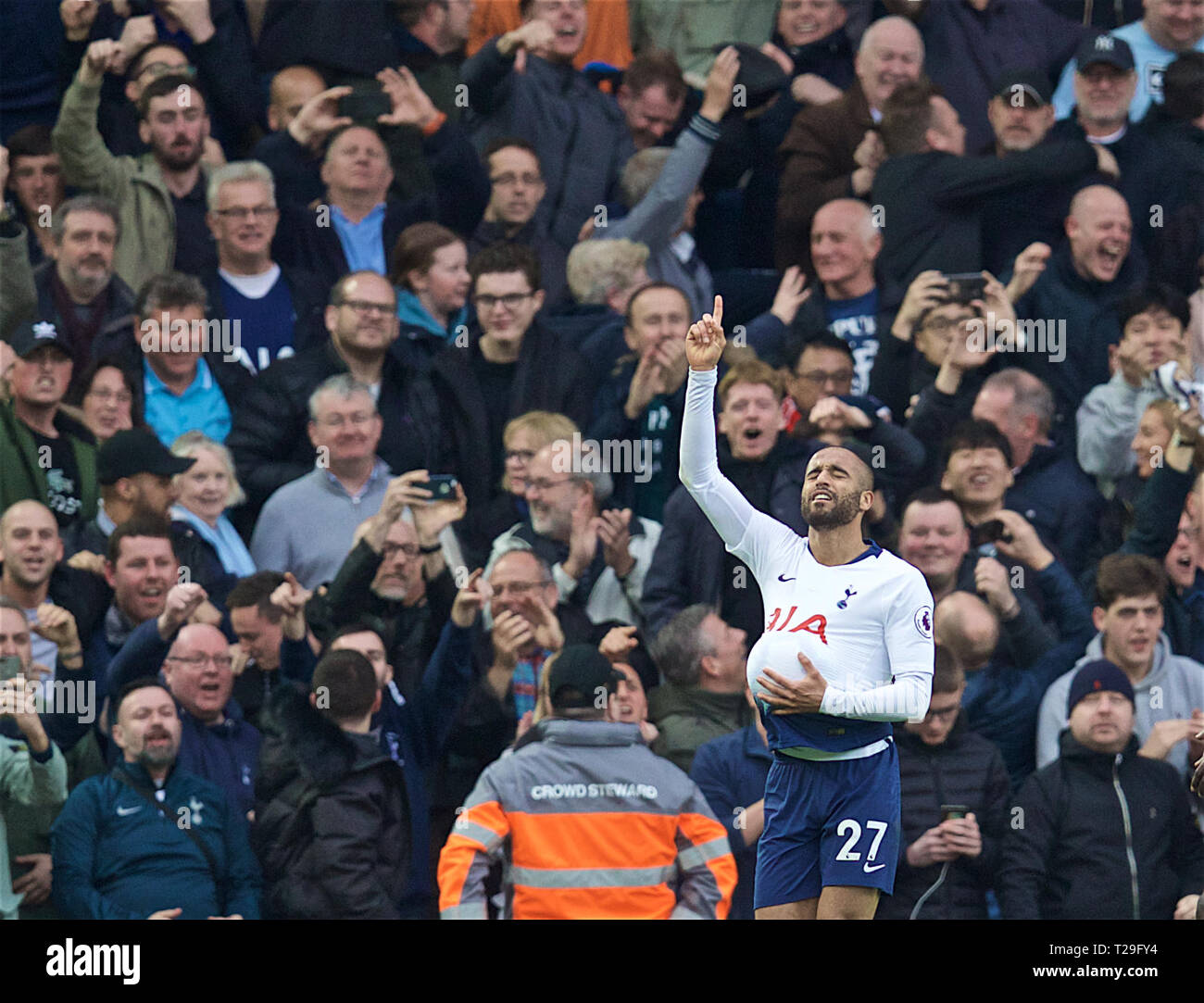 Liverpool. 1st Apr, 2019. Tottenham Hotspur's Lucas Moura celebrates after scoring during the English Premier League match between Liverpool and Tottenham Hotspur at Anfield in Liverpool, Britain on March 31, 2019. Liverpool won 2-1. Credit: Xinhua/Alamy Live News Stock Photo