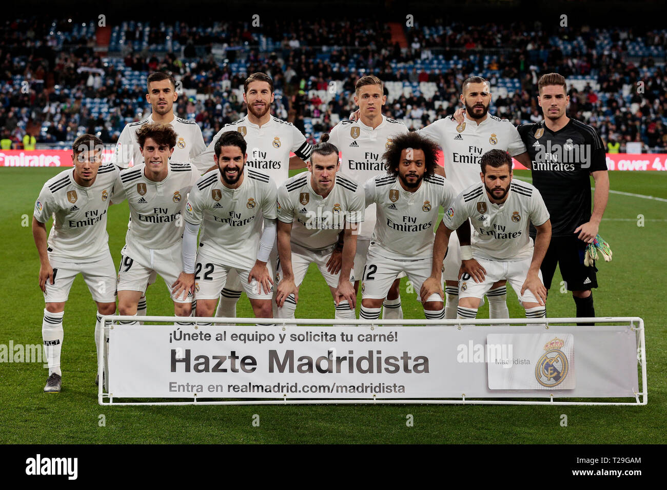 Real Madrid's team photo during La Liga match between Real Madrid and SD Huesca at Santiago Bernabeu Stadium in Madrid, Spain. Final score: Real Madrid 3 - SD Huesca 2. Stock Photo