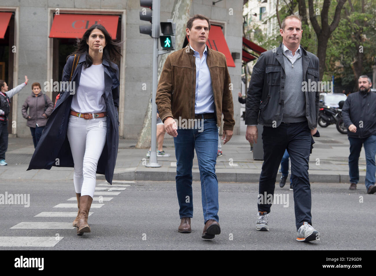 Albert Rivera (center) seen arriving at a press conference. Press conference by Albert Rivera, congressman and leader of the Ciudadanos party before a big demonstration for the promotion of infrastructures and work solutions in the municipalities with danger of depopulation in Spain. Stock Photo