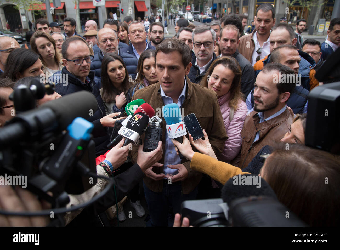 Albert Rivera seen speaking to the media. Press conference by Albert Rivera, congressman and leader of the Ciudadanos party before a big demonstration for the promotion of infrastructures and work solutions in the municipalities with danger of depopulation in Spain. Stock Photo