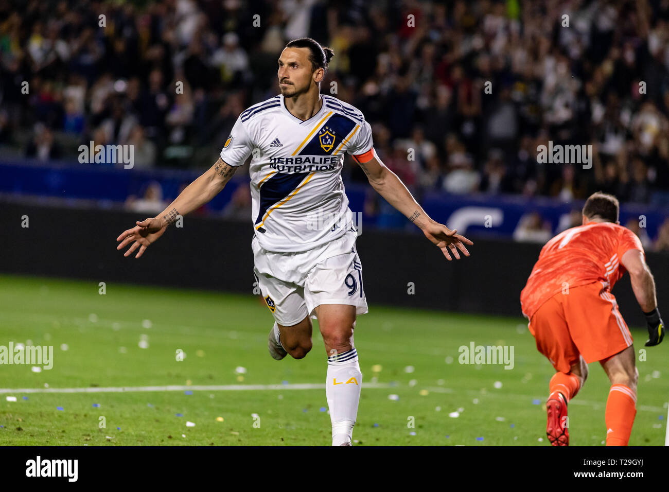 Los Angeles, USA. 31st March, 2019. Who else? Zlatan Ibrahimovic celebrates after slotting home his second penalty of the night to lead the Galaxy 2-1 past the Portland Timbers. Credit: Ben Nichols/Alamy Live News Stock Photo