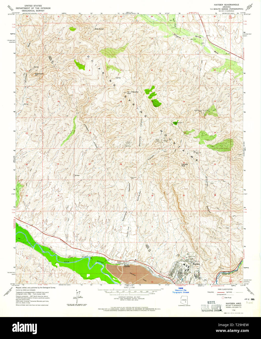 USGS TOPO Map Arizona AZ Hayden 311701 1964 24000 Restoration Stock Photo